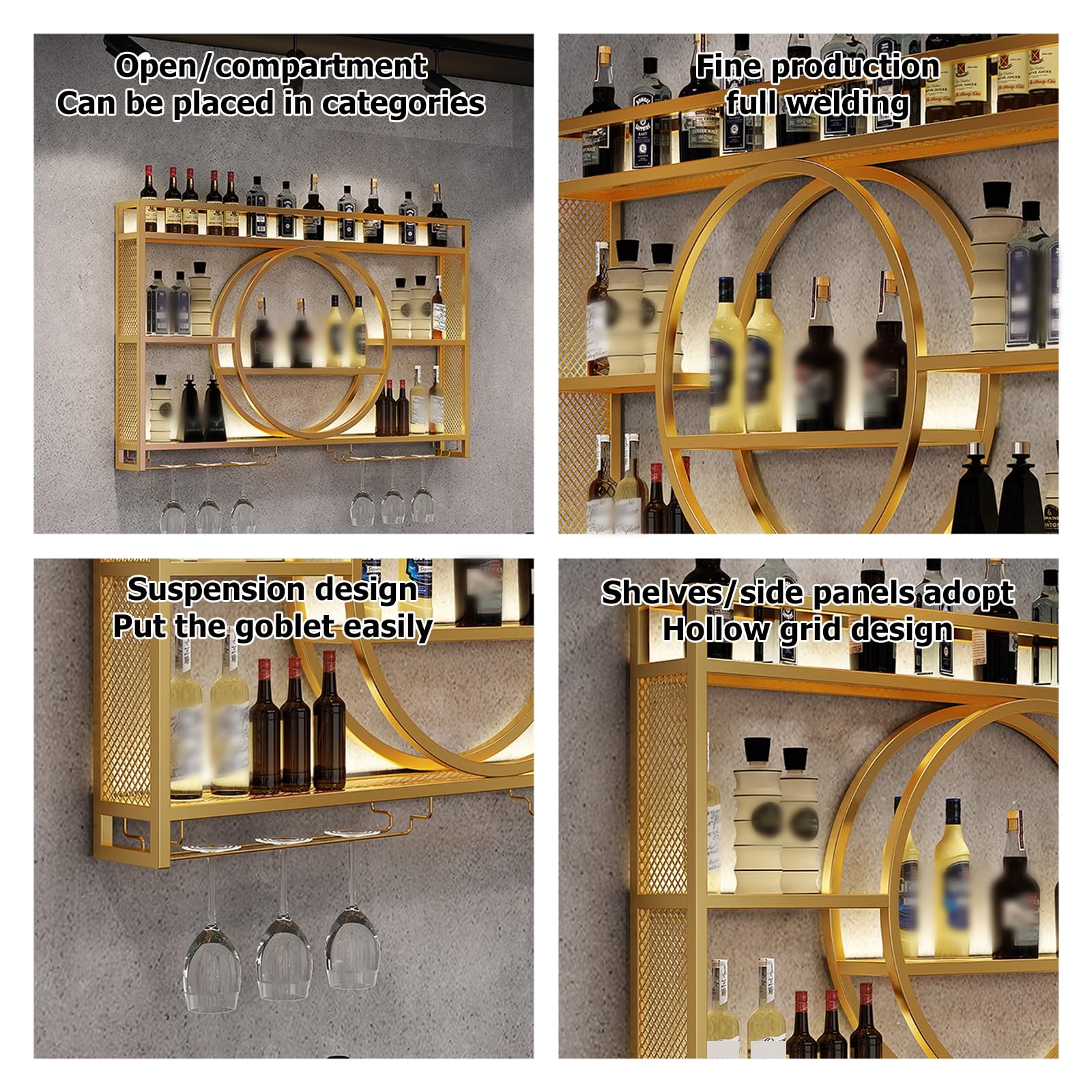 Estante de exhibición industrial montado en la pared con luz LED para botellas de vino, decoración dorada de cocina, bar