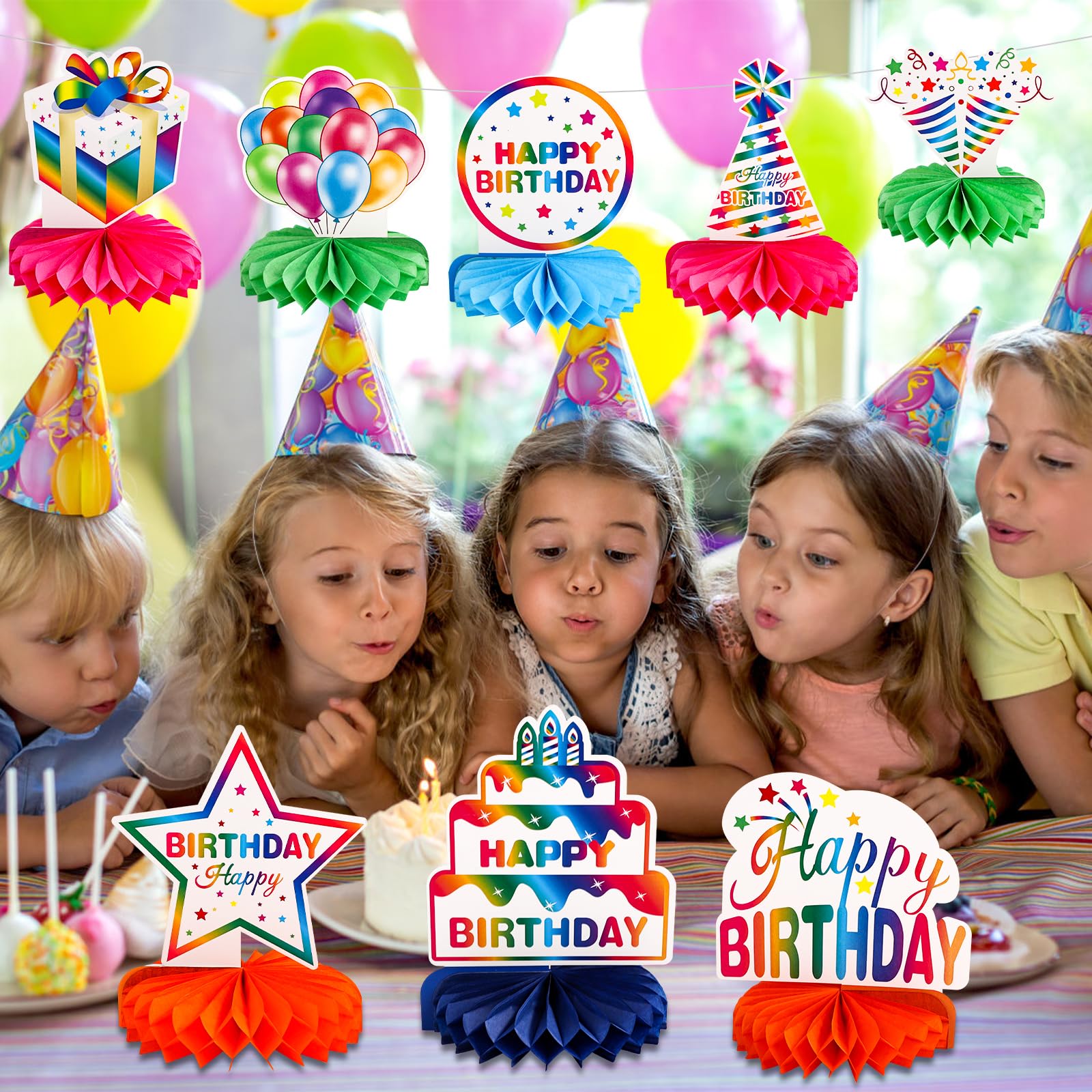 NQEUEPN Lot De 8 Centres De Table Anniversaire Arc-en-Ciel Holographique – Décorations Joyeux Anniversaire Enfants