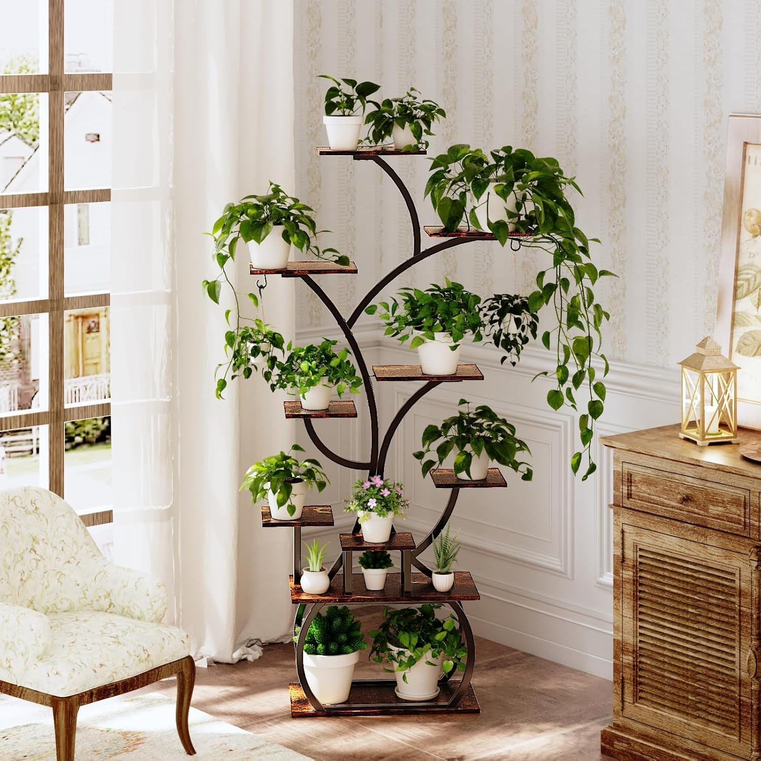 LEADZM Support plantes interieur avec lampes de croissance, étagère à 10 niveaux, en métal, grande étagère de présentation pour plantes, pour la maison, la terrasse (Noir, Forme d'arbre)