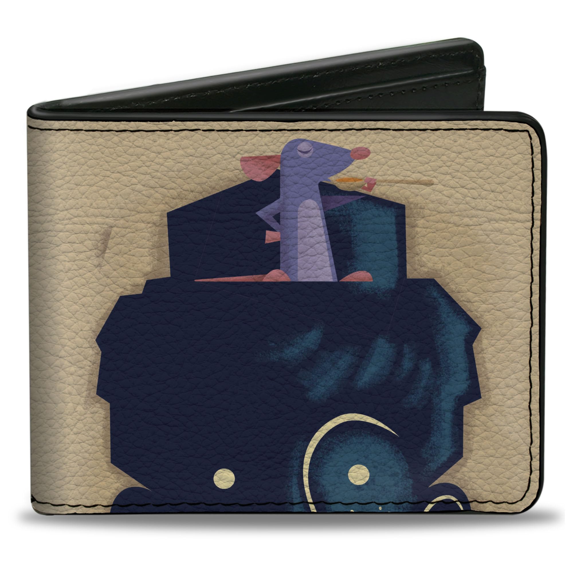Buckle-Down Men's Standard Disney Wallet, Bifold, Ratatouille Remy Eating Pose and Paris Logo Beige Reds Blues, Vegan Leather, 4.0