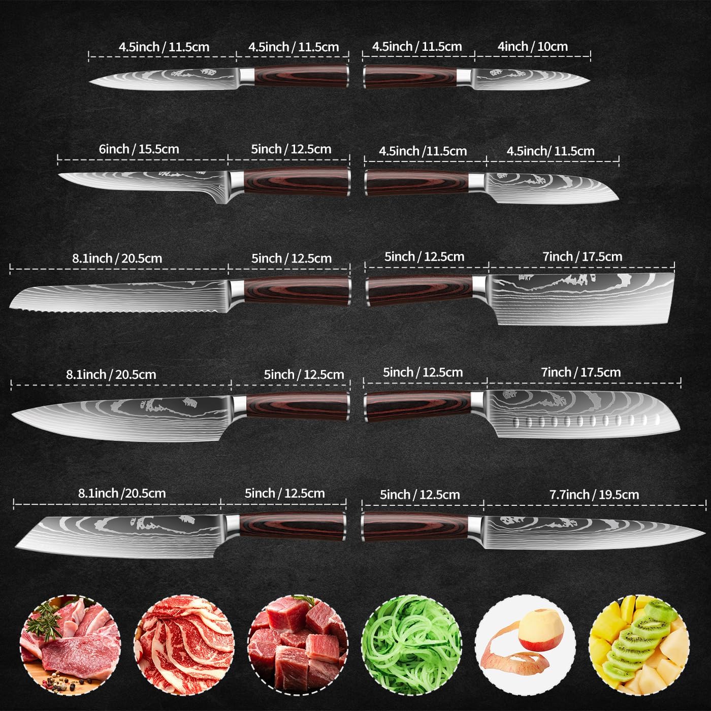 10er Küchenmesser Set, Küchenmesser Set aus Hochwertigem Carbon Edelstahl, Scharfen Klingen, Chefmesser, Hackmesser, Kochmesser, und Ergonomischem Griff, Ideal für Profi und Hobbyköche