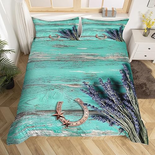 Miniatura 9 de Juego de ropa de cama de cuero vacuno occidental con estrella de Texas dorada, funda de edredón con estampado de herradura de animales de granja,