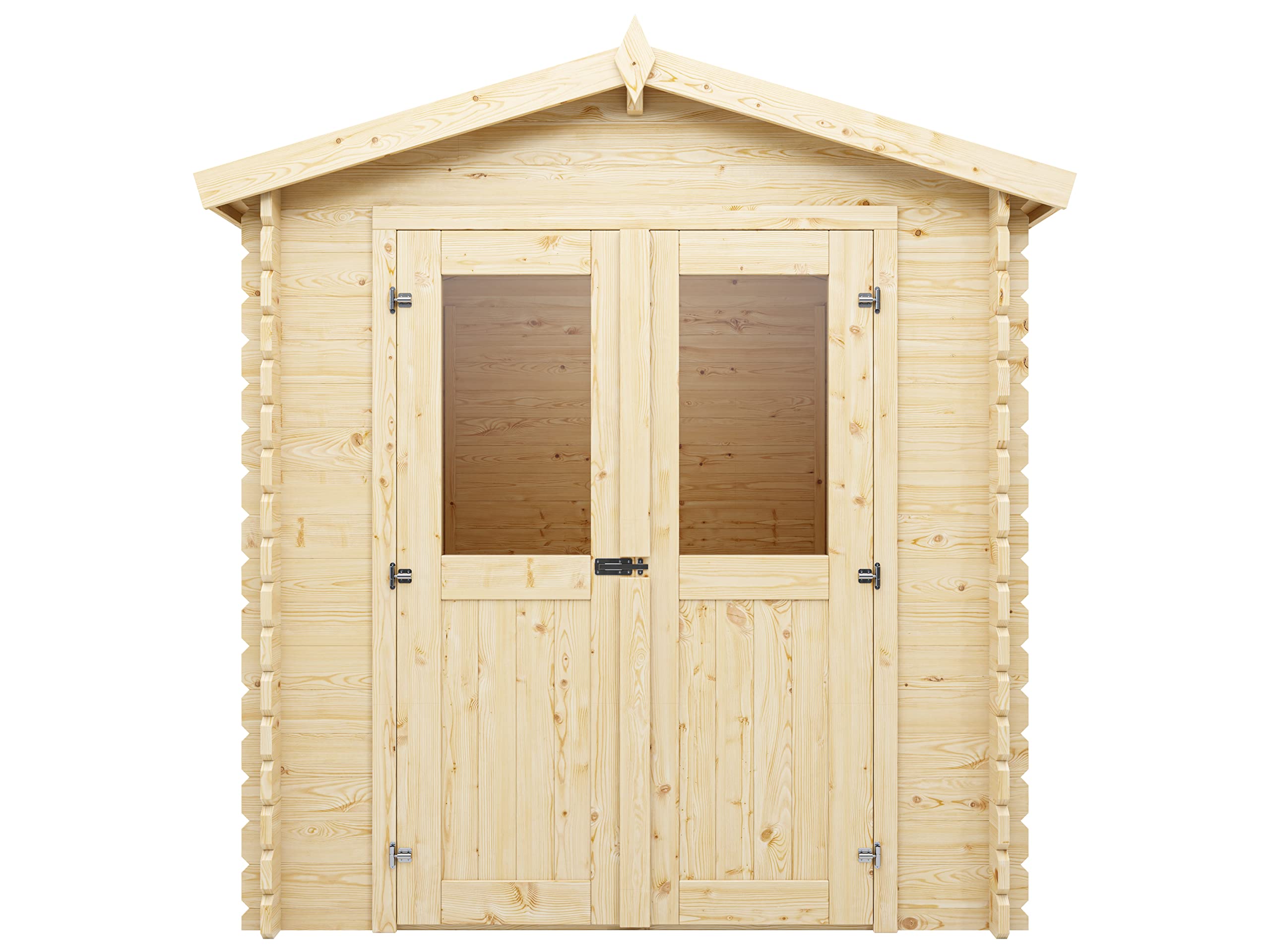 Holz Gerätehaus Mini 2 C | Gartenhaus | Wandstärke 28 mm | Blockbohlenbauweise | Naturbelassen | Satteldach | BxTxH: 198 x 198 x 214,5 cm | Inkl. Doppelflügeltür mit Echtglas | Ohne Fußboden