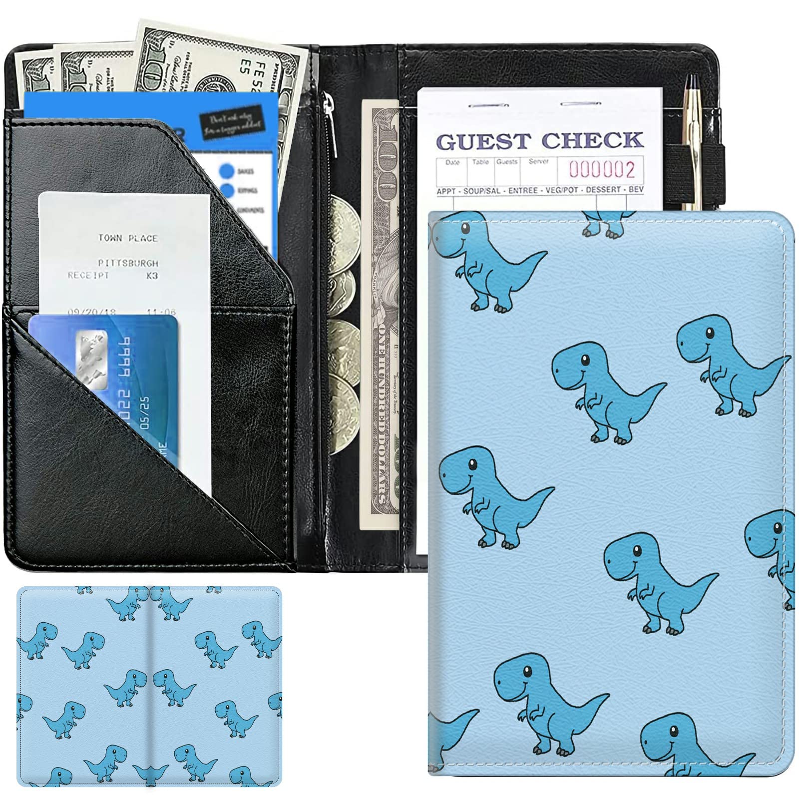 Dinosaur Cute Server Books for Waitress, Waiter Book Server Wallet with Zipper Money Pocket, Waitress Ticket Book Holder Restaurant Waitstaff
