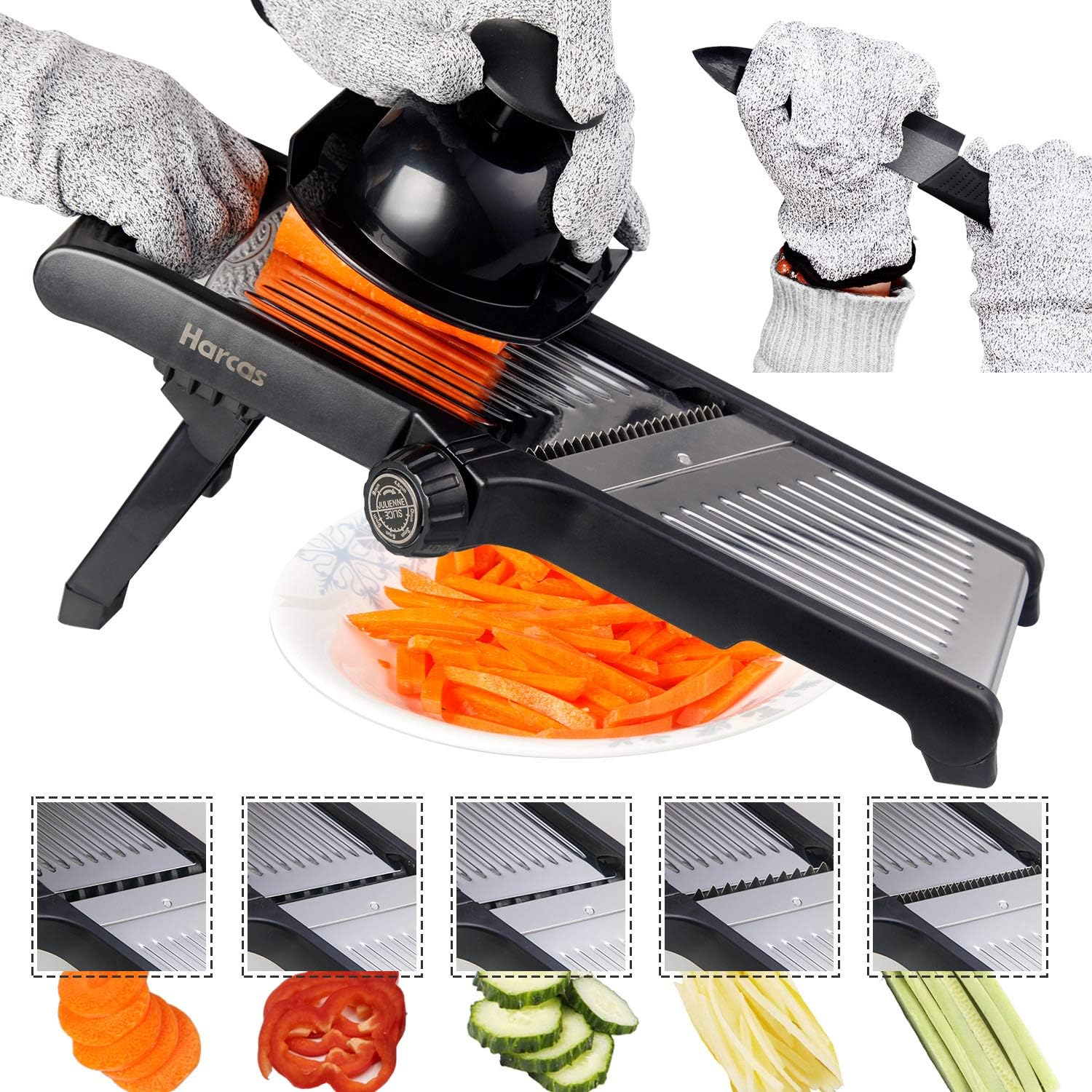 Harcas Adjustable Mandoline Food Slicer . 3 in 1 Mandolin Slicer Julienne Cutter. Best for Slicing Food, Fruit and Vegetables. Professional Grade Slicer. with Cut Proof Gloves and Cleaning Brush