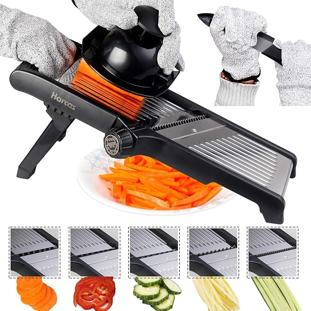 Adjustable Mandoline Food Slicer by Harcas. 3 in 1 Mandolin Slicer Julienne Cutter. Best for Slicing Food, Fruit and Vegetables. Professional Grade Slicer. with Cut Proof Gloves and Cleaning Brush