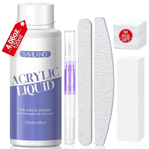 Saviland Kit de líquido acrílico monómero para uñas de 4.1 fl oz, líquido de uñas acrílico para polvo acrílico, bolígrafo de aceite, lima de uñas,