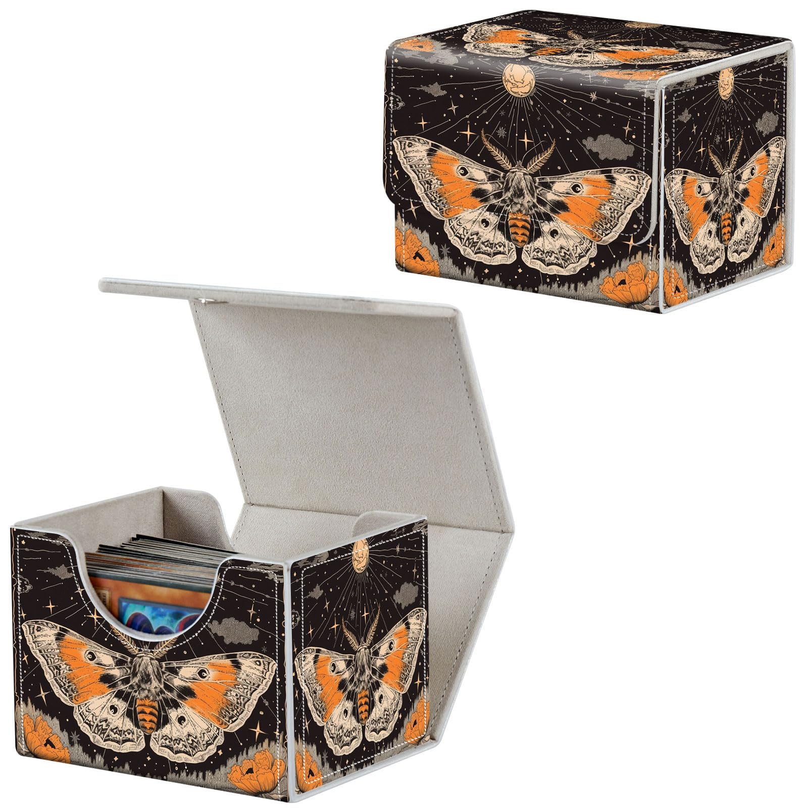 Qindaiwen Card Deck Box for MTG, Fits 100+ Single Sleeved Cards, PU Leather Trading Card Storage Box for TCG, CCG, MTG Cards, Strong Magnet Magic Gathering Deck Box, Moth