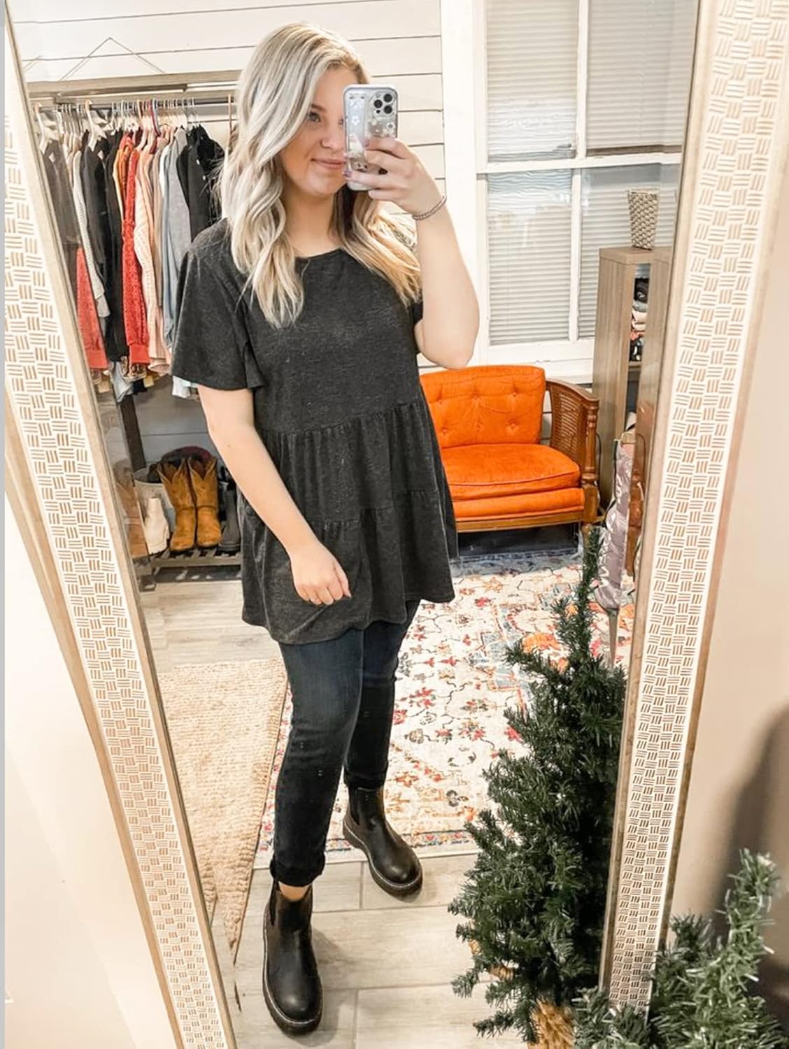 Hibluco Womens Summer Babydoll Tops Short Sleeve Shirts Round Neck Shirt Tunic Blouse - Image 5