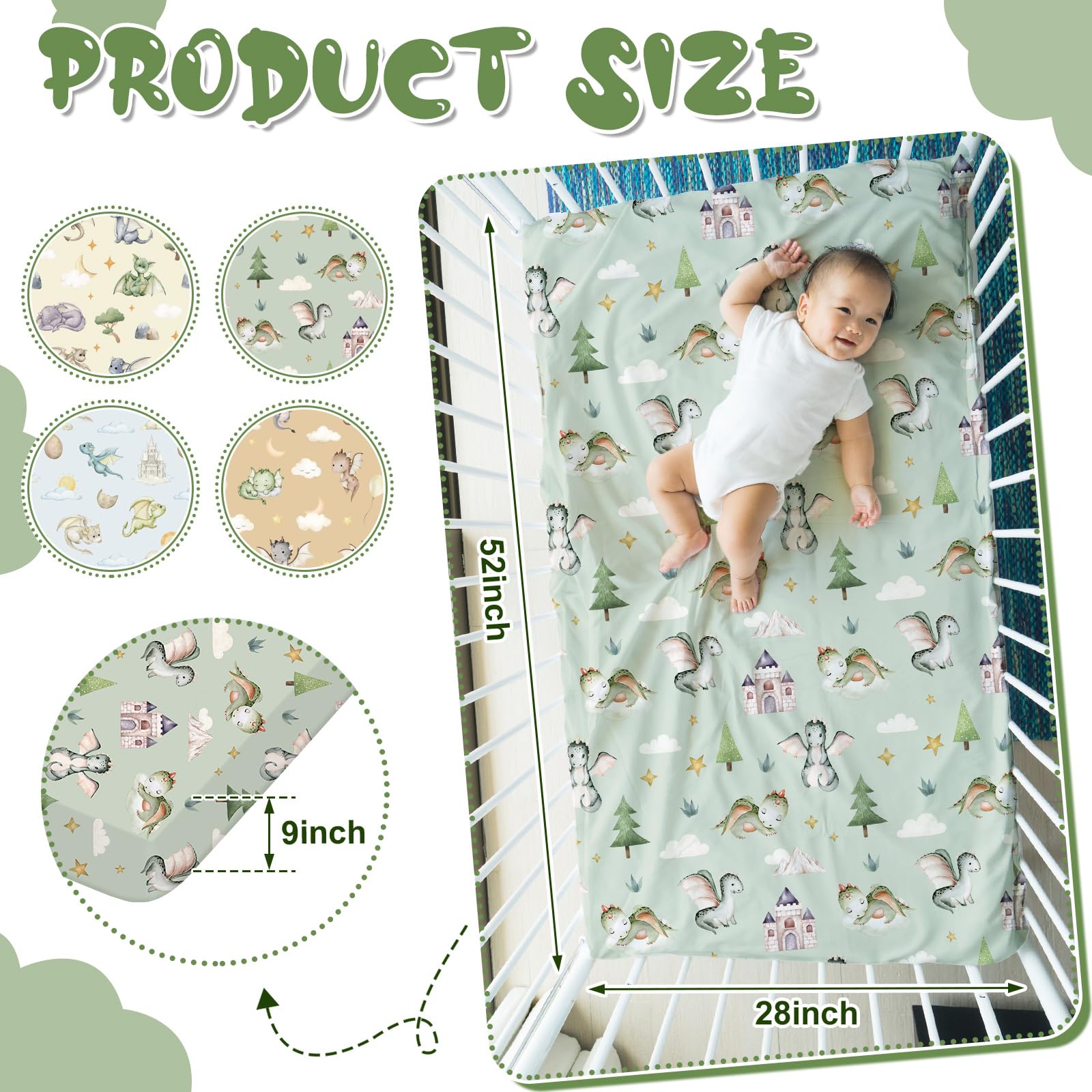 VitalCozy Juego de sábanas de 4 piezas para cuna de dragón en acuarela, ropa de cama para recién nacido, sábanas para bebé para niñas y niños, regalos para bebés estándar de cuna y colchones de niños