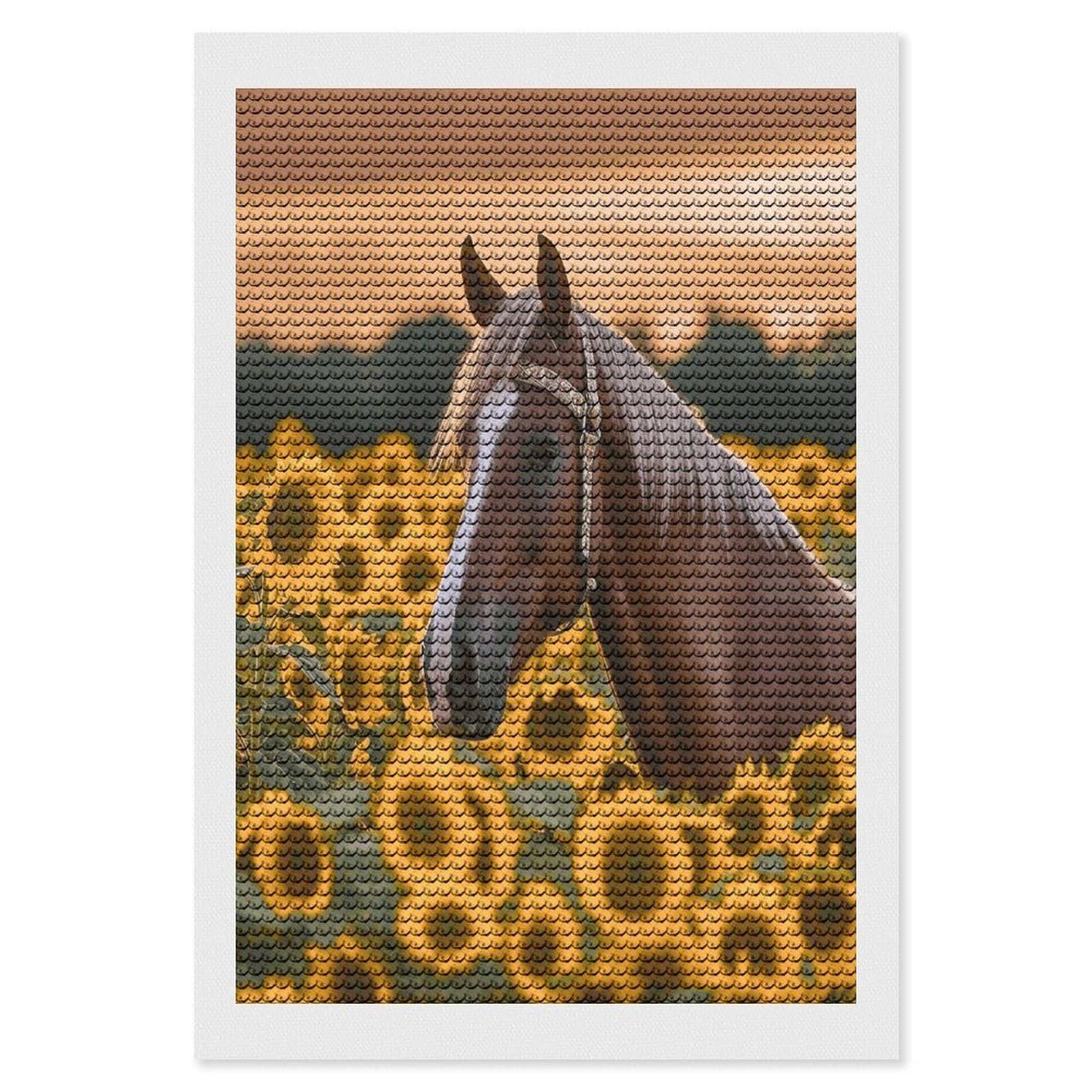 Yellow Sunflower Horse Diamond Art Kits for Adult Round Full Drill Diamond Dots Paintings for Beginner Picture Art DIY Diamond Painting Kits 5D Diamond Art Painting for Home Wall Decor 8"x12"