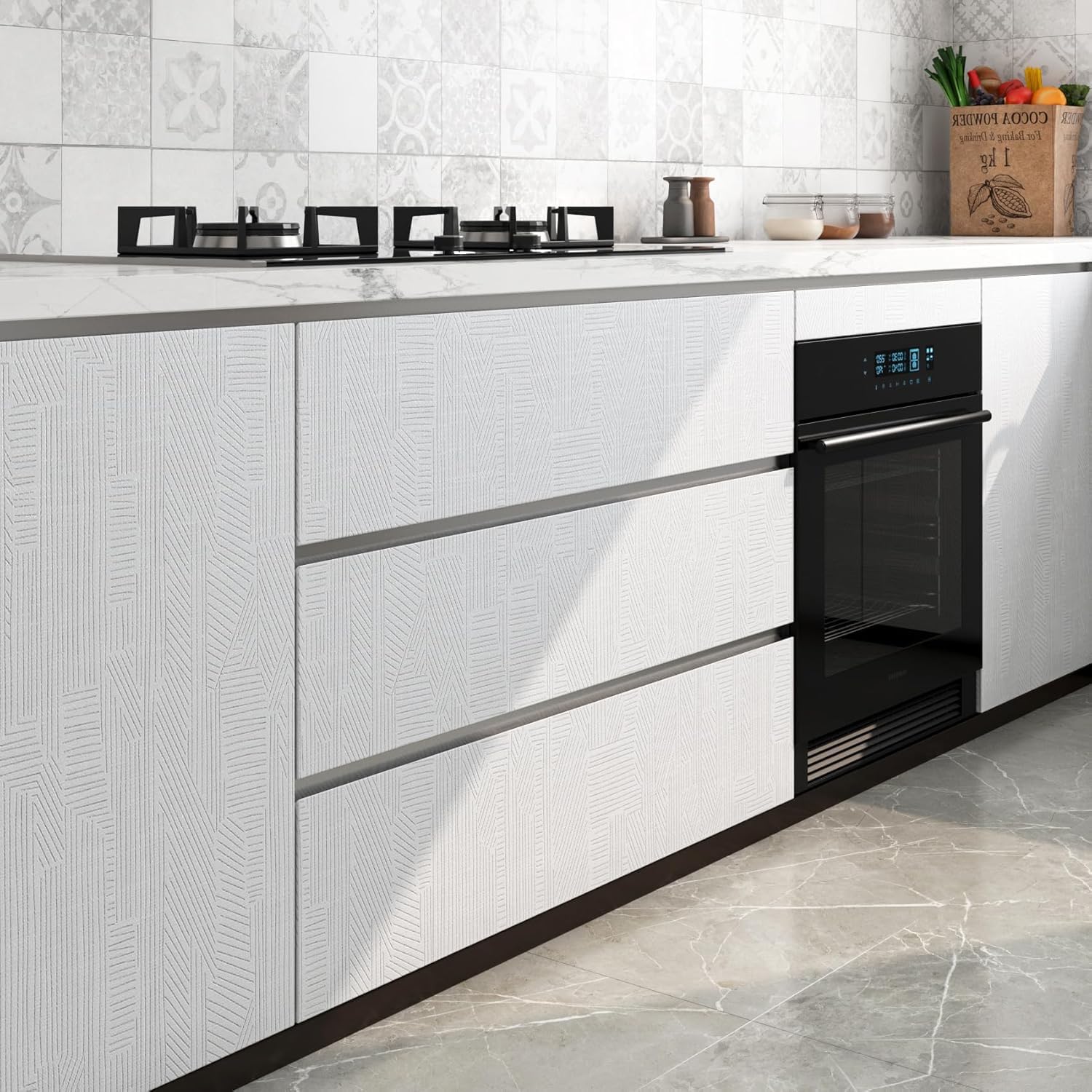 FunStick 40CM×12M Carta da Parati Armadio Bianca Pellicola Adesiva per Mobili Cucina a Righe Bianco e Grigio Rivestimento Parete Camera da Letto Bagno Carta Adesiva Bianca Rotolo Carta Adesiva Cucina