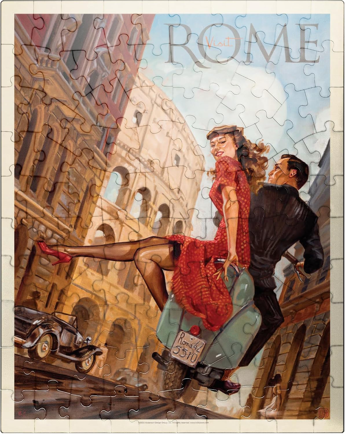 MyPuzzle Italy: Rome By Vespa, Vintage Poster - Premium 100 Piece Jigsaw Puzzle for Adults