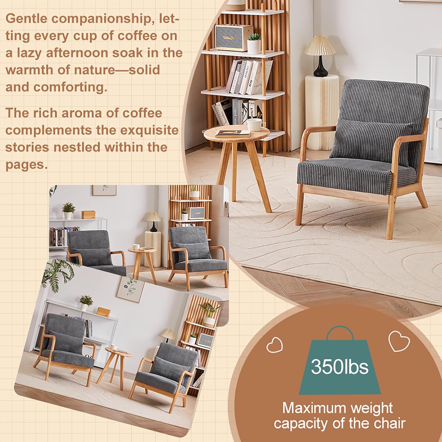 Modern Accent Chair & Coffee Table Set, Antique Dark Gray Upholstered Leisure Chair with Solid Rubberwood Frame and Walnut-Tone Side Table, Vintage Luxury Living Room or Bedroom Furniture Set