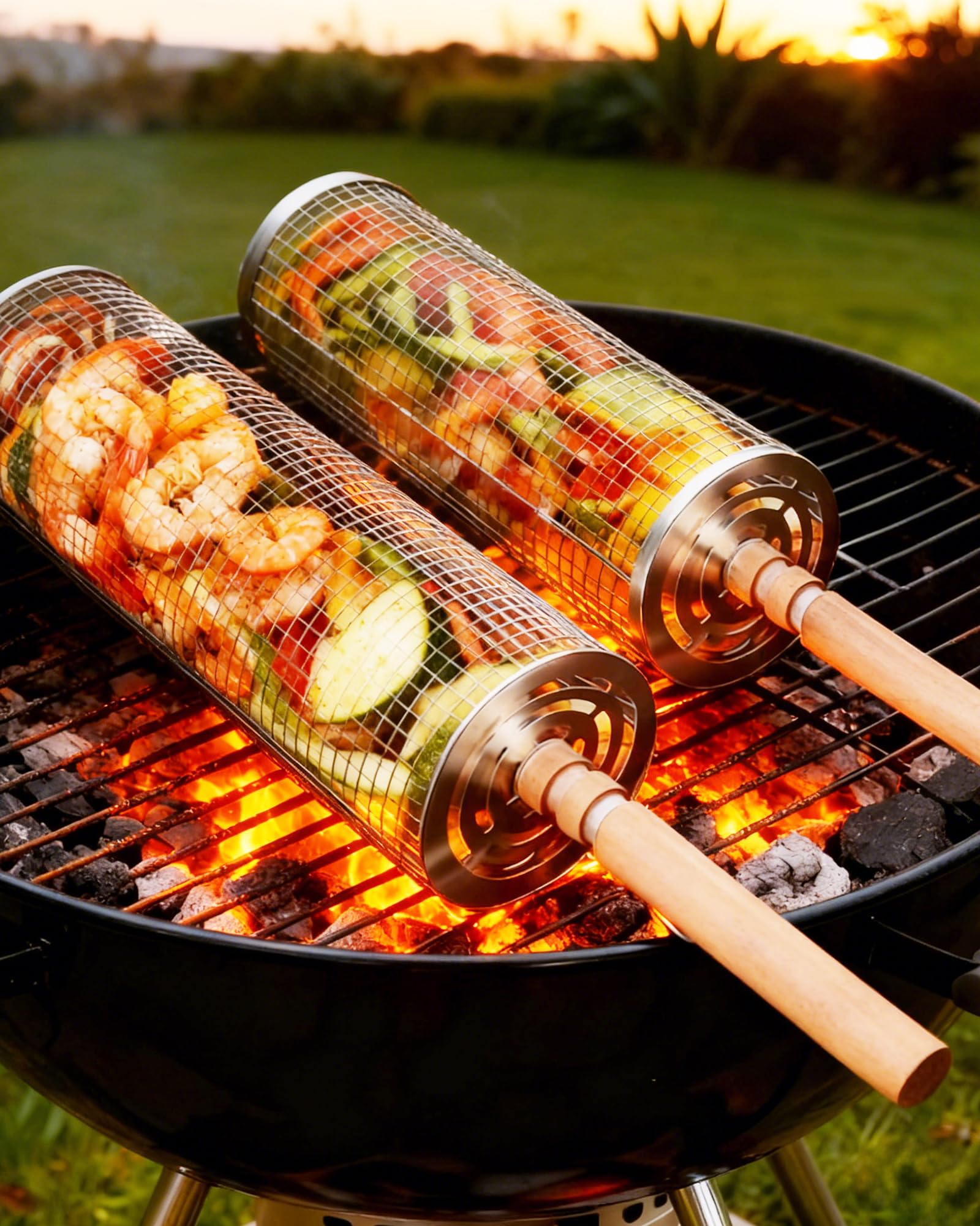 Ensemble de paniers de grillage enroulable emboîtables 2 Paniers de barbecue cylindriques en acier inoxydable avec poignée en bois (30×10cm + 29×9cm) accessoires de barbecue pour légumes en extérieur