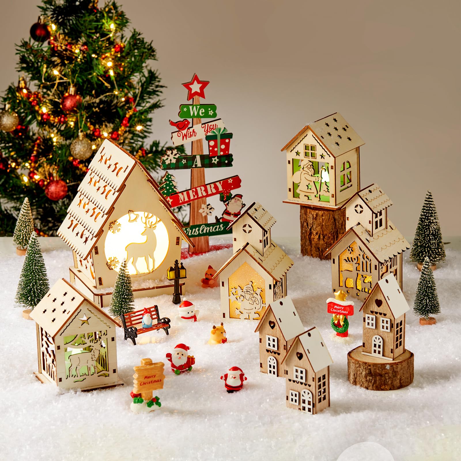 Amazon | クリスマスビレッジセット 29個 ライト付き DIY 木製 