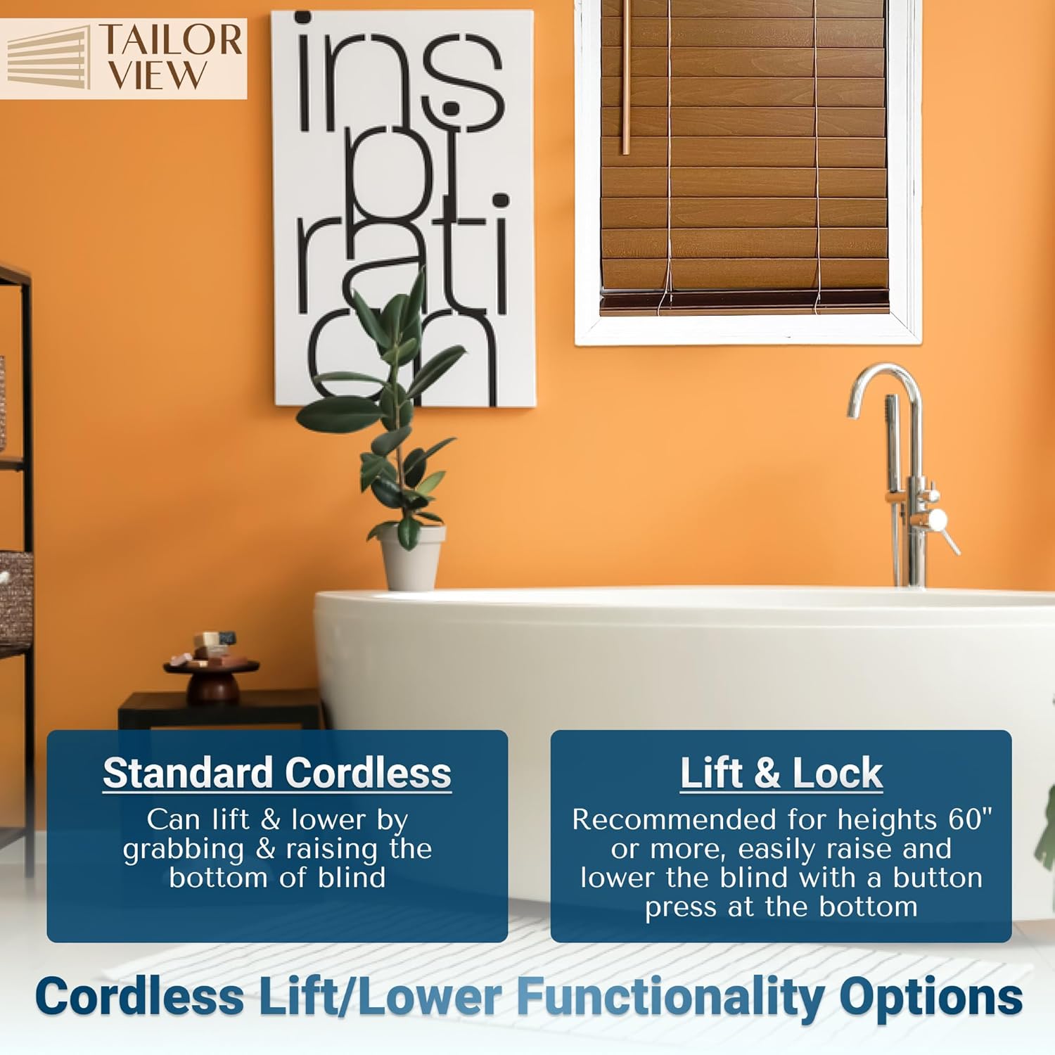 TailorView, Customizable Faux Wood Horizontal Window Blinds, Cordless, 2 Inch Printed Wood Grain Slats, Color - Modern Oak, Outside or Inside Mount