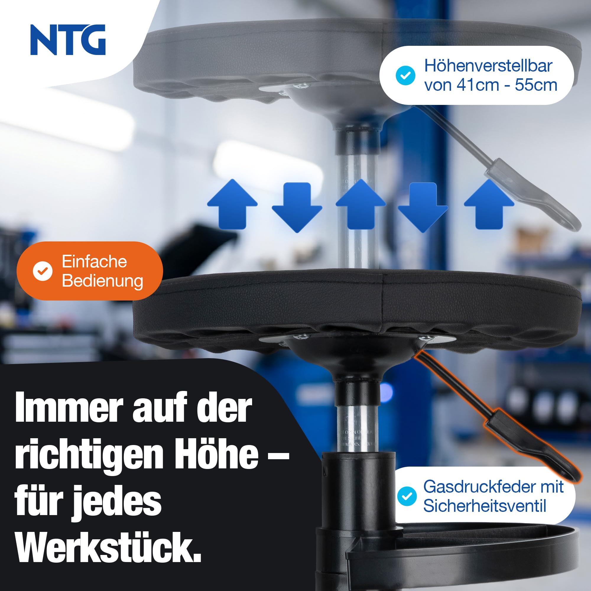 NTG Rollhocker Höhenverstellbar bis 55 cm – Werkstatthocker bis 100 kg mit 5 Rollen & Ablageschale – Drehhocker Werkstatt – Montagehocker mit PU Sitzpolster – Werkstattsitz für Garage KFZ Werkstatt