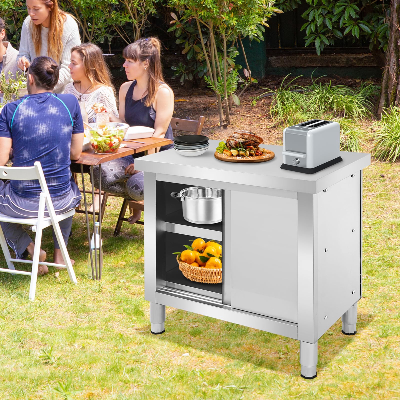 armadio in acciaio inox con ante scorrevoli, tavolo da cucina in acciaio inox per uso esterno, tavolo da lavoro indipendente per cucina da ristorante, garage e cucina (80 * 50 * 80 cm)