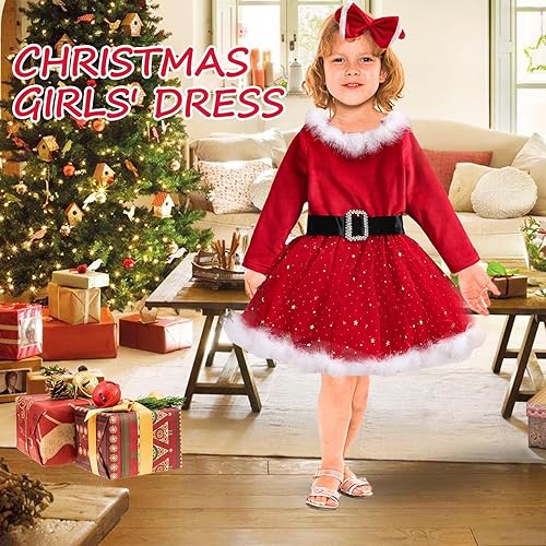 Miniatura 8 de BBAUER Disfraz de Santa Claus, vestido de manga larga de Xmmas Mrs. Claus, traje de Papá Noel con ribete fruncido, lazo rojo de la señora Claus