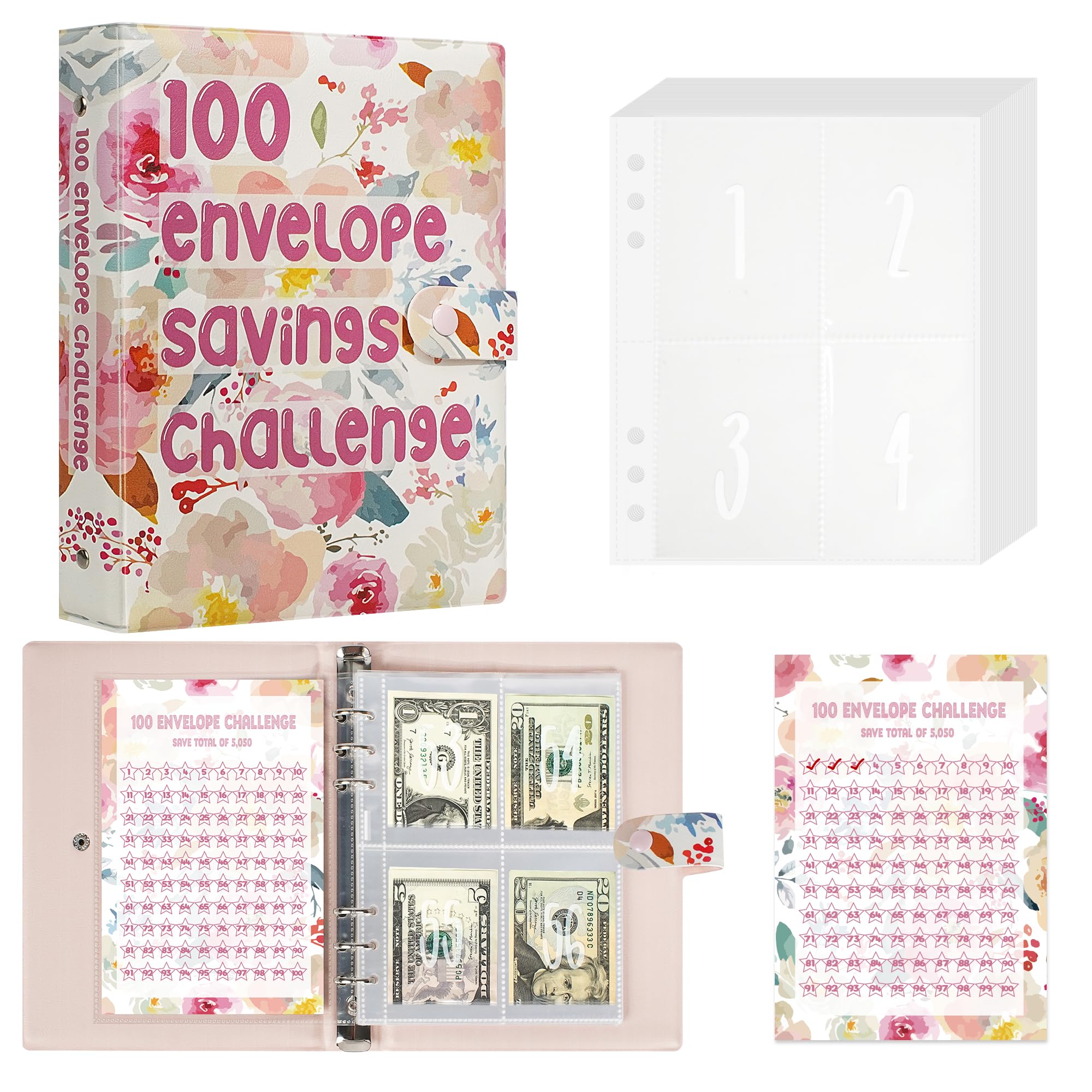 100 Envelope Savings Challenge Binder, Leather Budget Binder for Planning and Saving $5050, Daily Savings Planner, Easy and Fun Way to Save $5,050 for Shopping, School, and Travel, Watercolor