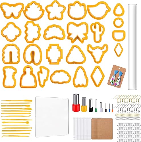 Allazone Juego de 219 cortadores de arcilla polimérica, cortadores de arete de arcilla, cortadores de arcilla de plástico con rodillo de arcilla