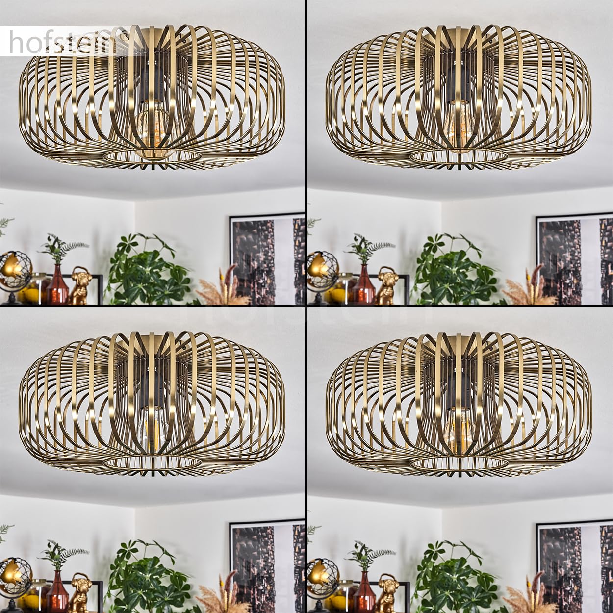 HOFSTEIN plafoniera Wemude, plafoniera rotonda in metallo color ottone antico, apparecchio retrò con effetto luce grazie all'aspetto a griglia, Ø 40 cm, 1 luce, attacco E27. senza lampadine
