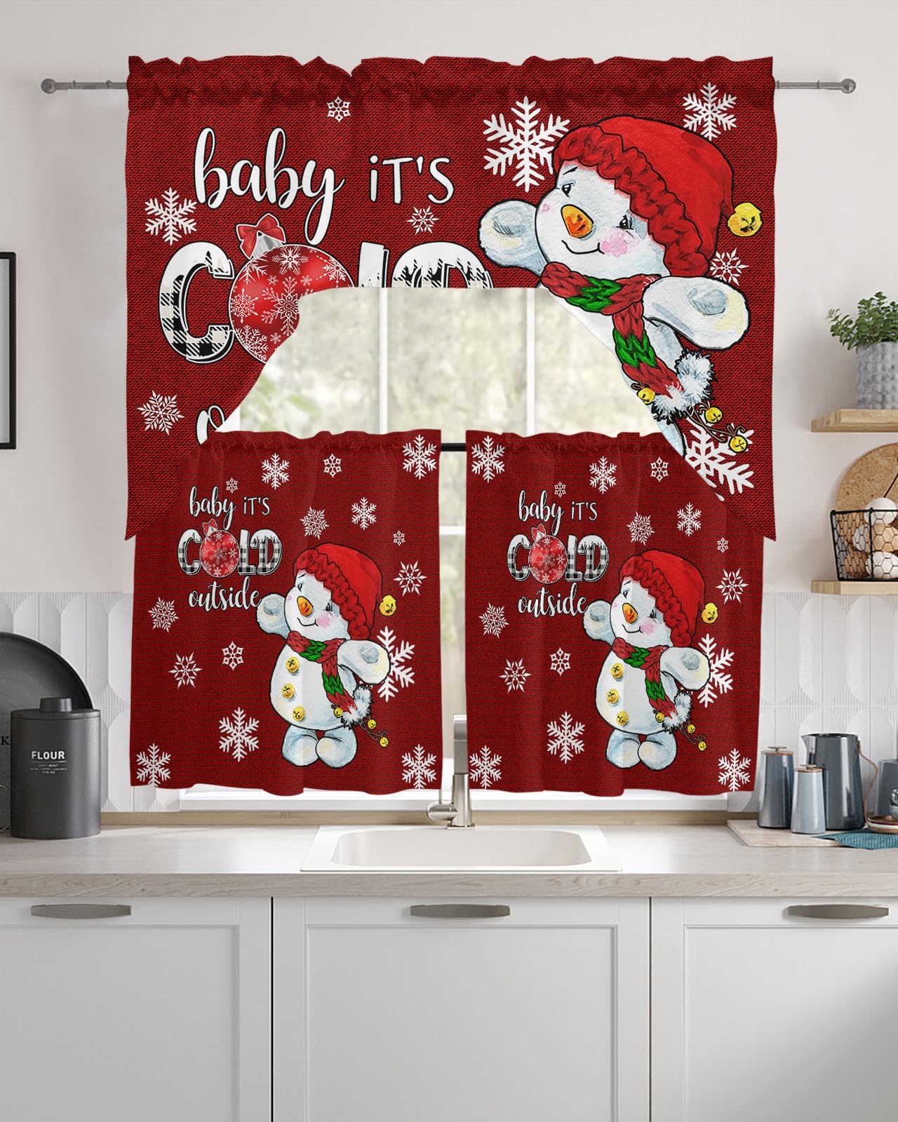 Red Snowman Swag Kitchen Curtain Sets with Valance, 3 Pieces Rod Pocket Curtain Drapes for Bedroom Living Room Bathroom Cafe Windows, Merry Christmas Winter Snowflake 56''x36'' & 24''x27.5''x2Panels