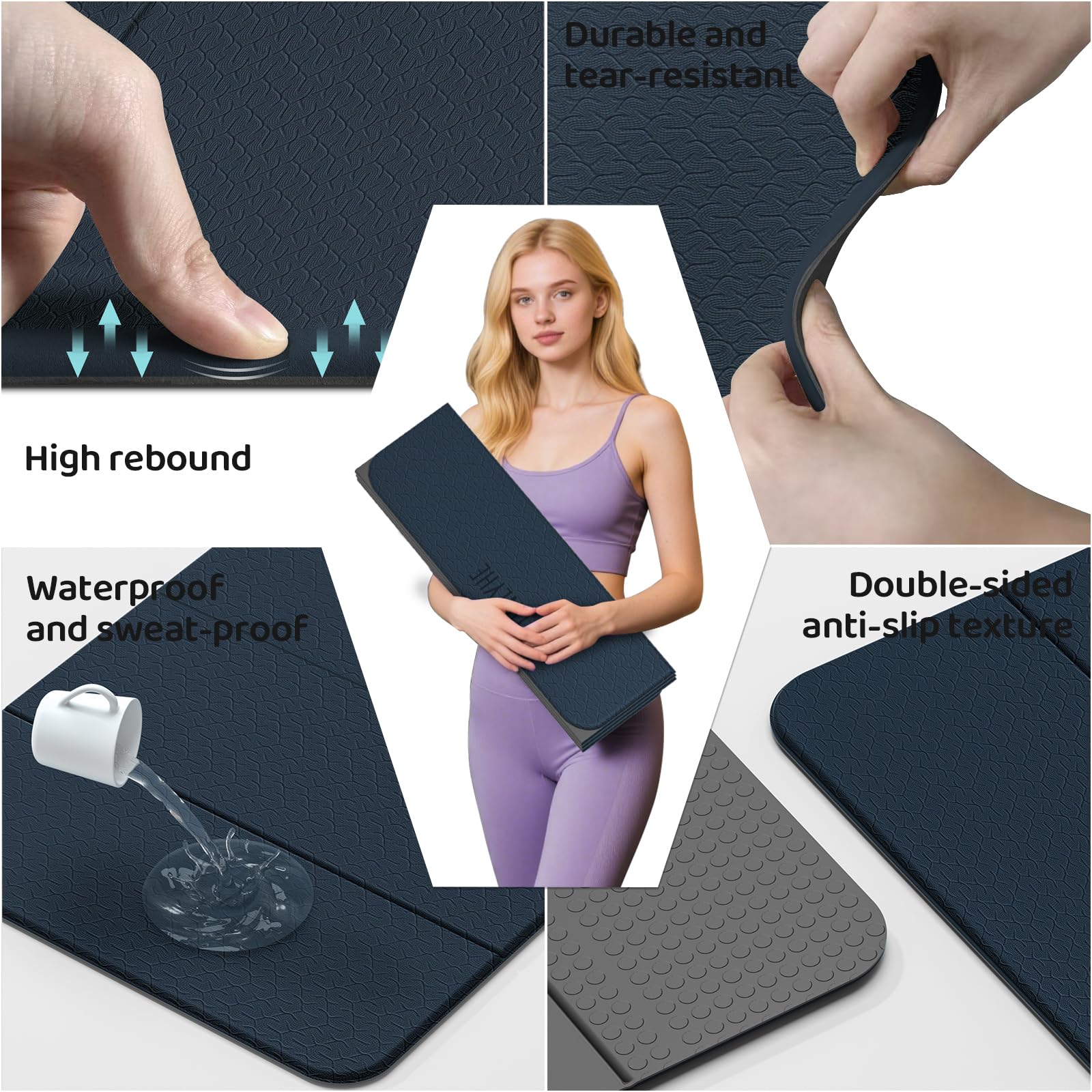 Tappetino da yoga pieghevole (12 mm), per allenamento a casa, comodo e resistente, spesso, portatile, antiscivolo, per uso esterno, meditazione, viaggi, campeggio (180,3 x 61 x 1,19 cm)