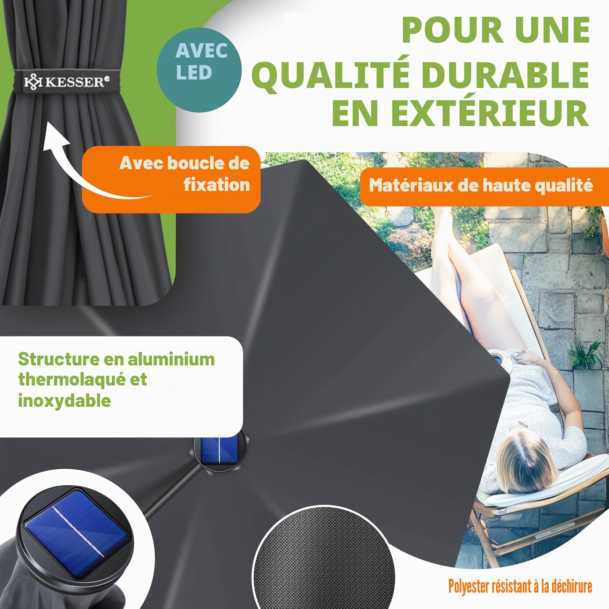 KESSER Parasol solaire LED en aluminium - Diamètre 300 cm - Télécommande, housse, cordes de sécurité - Manivelle, support - 360 ° - Protection UV