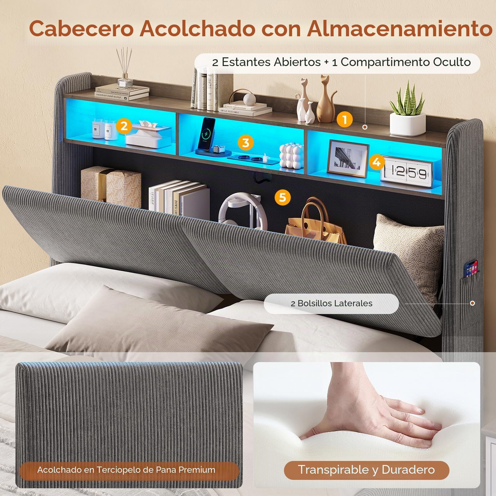 AOGLLATI Cama Matrimonial 140x190 con Almacenamiento Hidráulico | Cama Juvenil con Cabecero, Cama Canape con 270° LED y Carga Integrada, Somier Estructura de Cama Listones Madera, Pana Gris