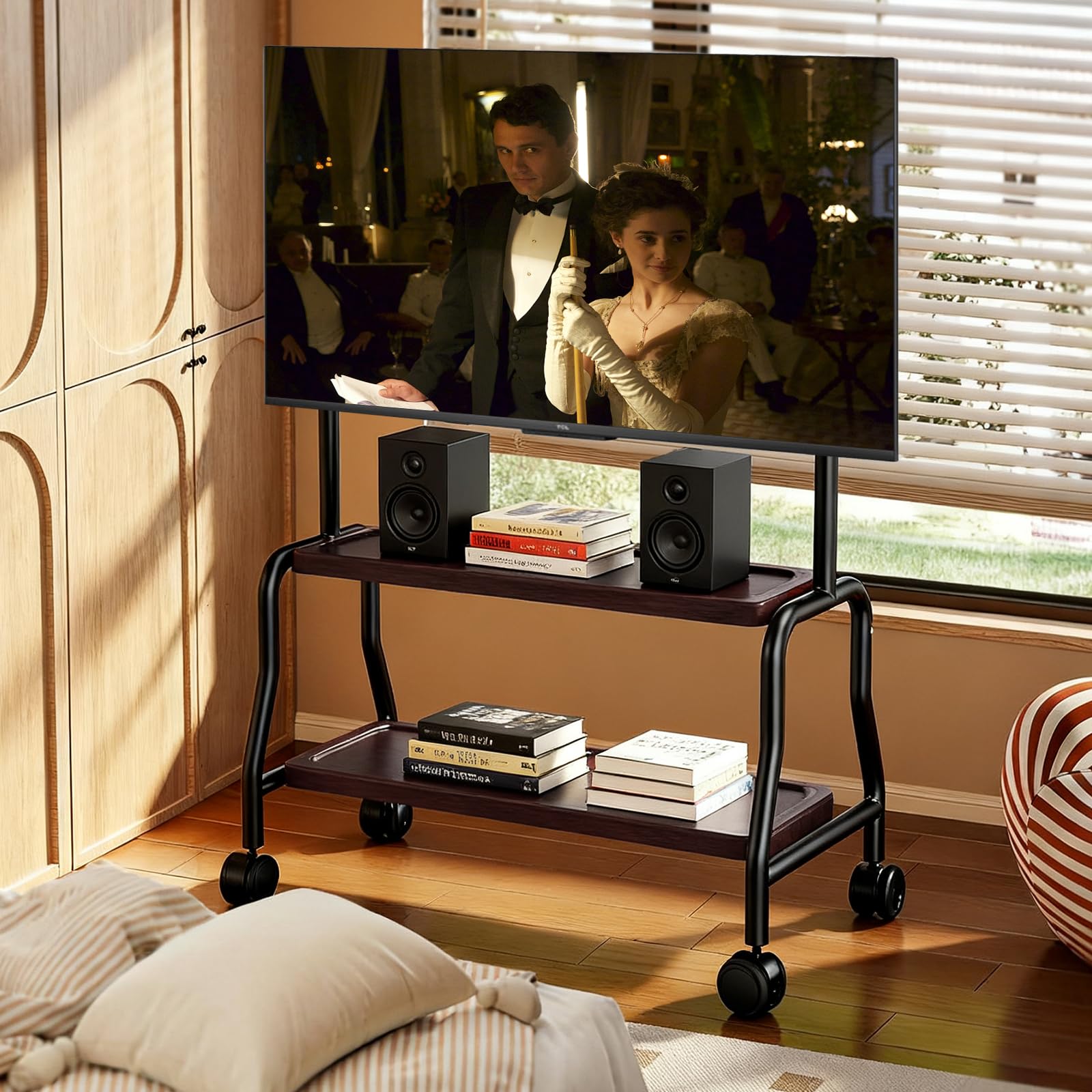 Soporte de TV enrollable para televisores de 32 a 75 pulgadas de hasta 50 kg, soporte de TV con ruedas con estante de madera, soporte de suelo para TV de altura ajustable, máx. VESA 600 x