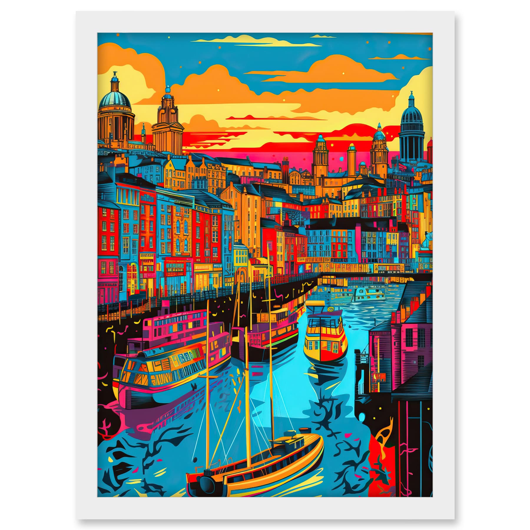 Artery8 Vibrant Liverpool City Waterfront Sunset Cityscape Artwork Framed A3 Wall Art Print