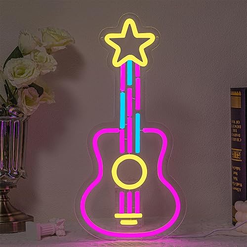 SUYUZUR Letrero de neón de guitarra con música, luz de neón LED colorida para decoración de pared, alimentada por USB, luz de neón LED, estrella de