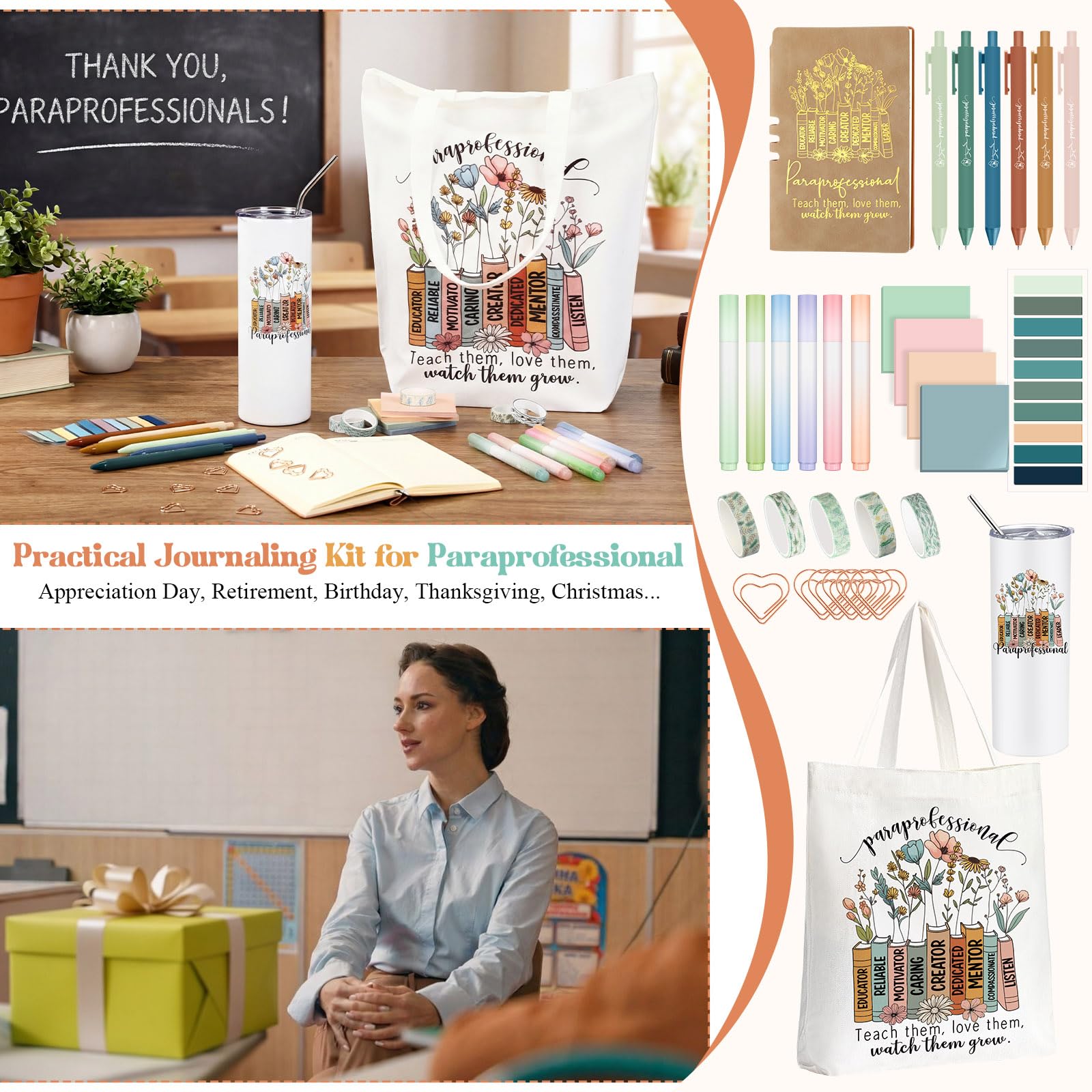 Geiserailie 35 Pcs End of Year Paraprofessional Gifts for Women Catechist Para Paraeducator Teacher Aide Appreciation Thank You Set 20oz Tumbler Tote Bag Notepads Pens Sticky Notes Paper Clips