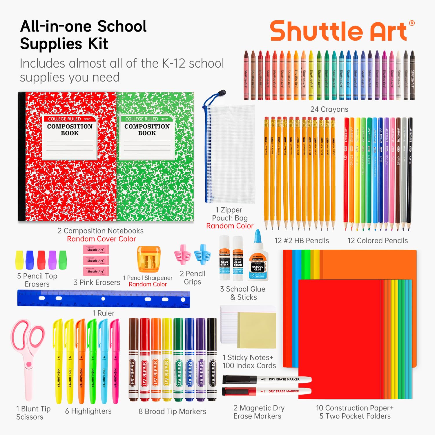 Shuttle Art 102 teiliges Schulsachen Set, Schulbedarf Box für Schulanfang, Einschulung, Malstifte, Schreibwaren für Kinder und Studenten, Bleistifte, Stifte, Marker, Radiergummis, Notizbücher, Ordner