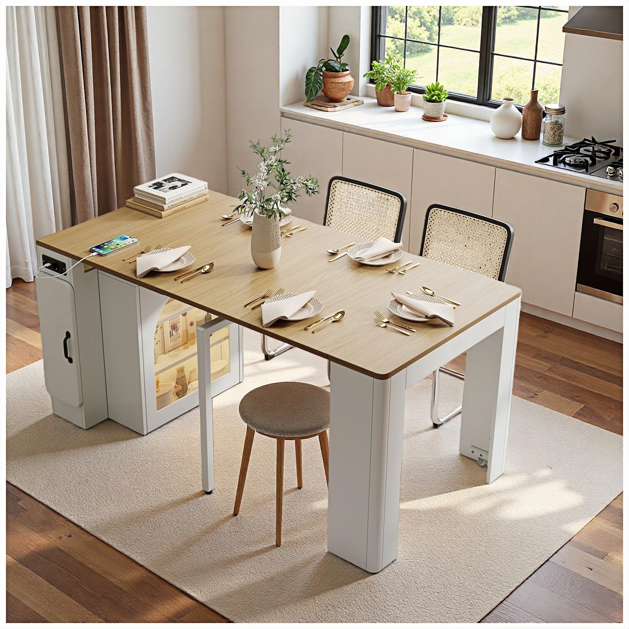 Isla de cocina extensible 149,5 x 80 x 77 cm, con superficie de trabajo extraíble, mesa bar con enchufe múltiple integrado, aparador con dos cajones y amplio espacio de almacenamiento (blanco)