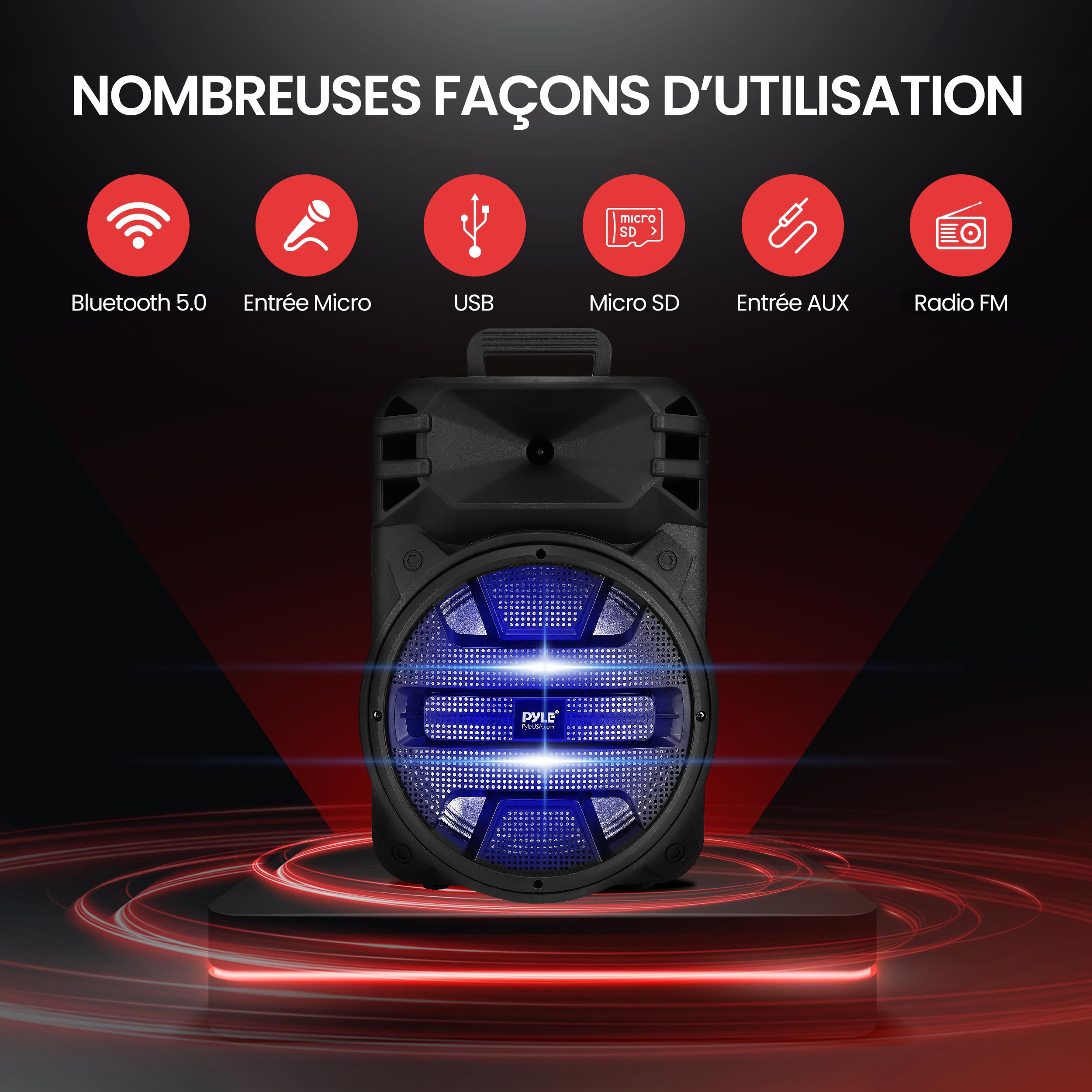 Pyle Système d’Enceinte Bluetooth Puissante Portable 30,48 cm- 800 Watts-Haut-Parleur de Karaoké-Entrées USB/FM/Bluetooth/Aux/Micro et Batterie Rechargeable Intégrée-Sono Portable
