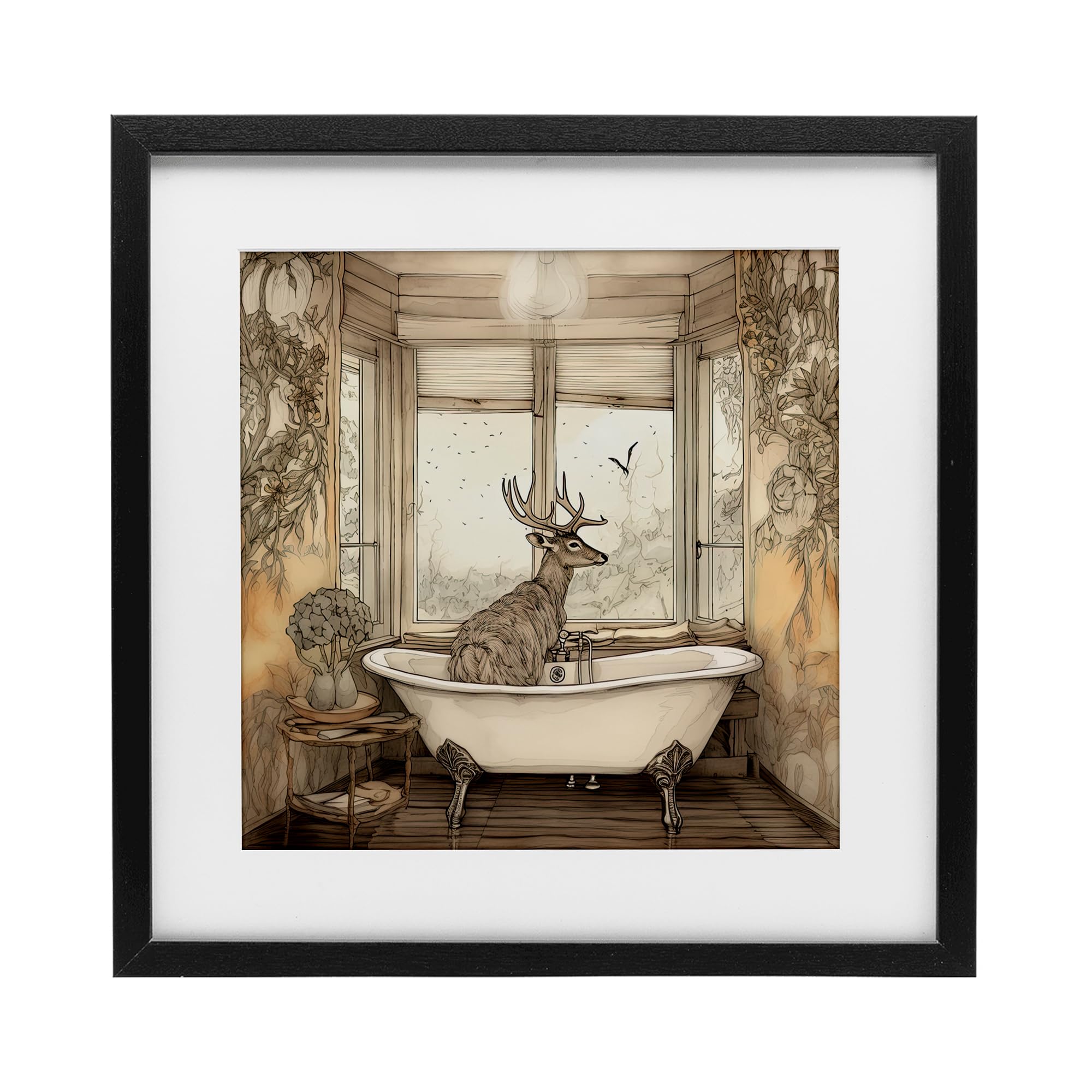 Stupell Industries Buck with Antlers Bath Time Black Framed Print Under Glass, design by Sasha, 16 x 16
