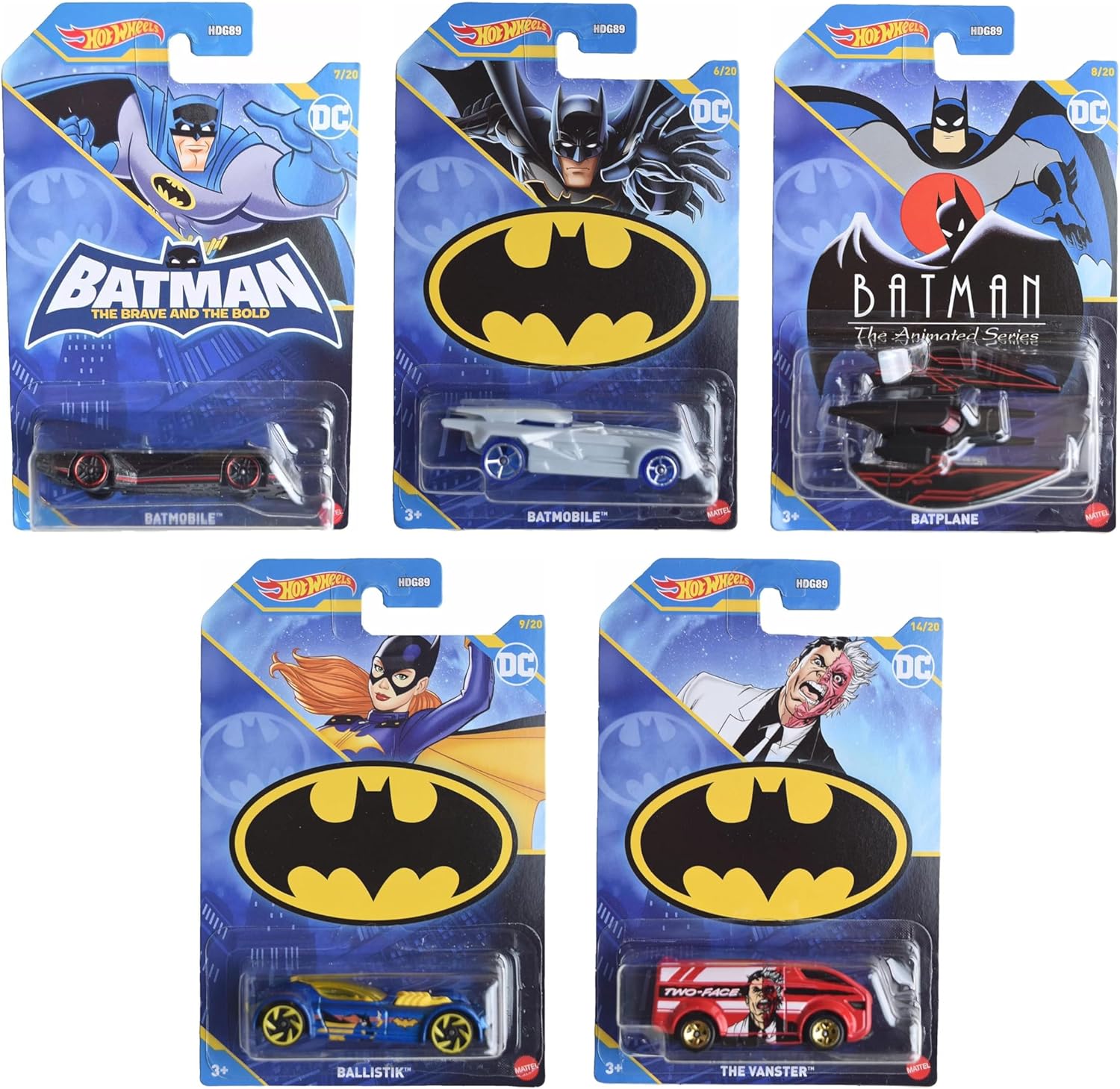 Hot Wheels Batman 2023 Batmobile Complete Set of 5 Diecast Vehicles Mix 2 from HDG89-956F Release, Gray, Black, Navy, Red