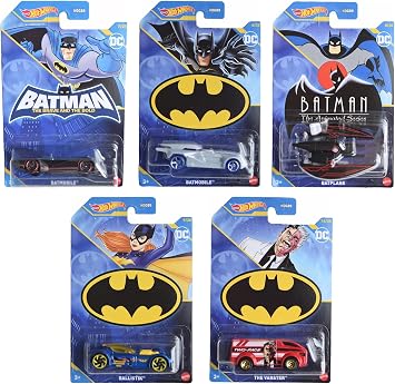 Hot Wheels 2023 Batman Batmobile DieCast 5Pack Mix 2 Edition | Gray, Black, Navy, Red, Dark Chrome | HDG89956F | 164 Scale Collectible Bundle