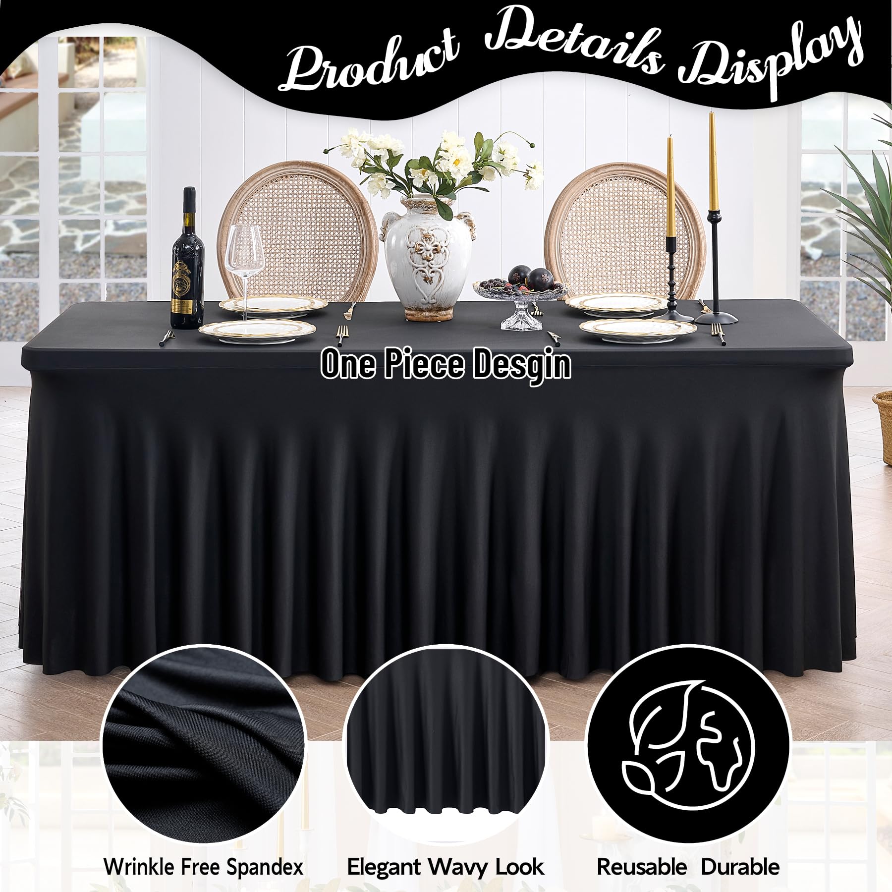 Outpain Black Spandex Tablecloth For 8 Foot Rectangle Tables, 8 Pack Black Fitted Table Cloths 8ft Stretchy Banquet Table Clothes Cover Desk Skirt For Birthday Wedding Parties Baby Shower - View #12