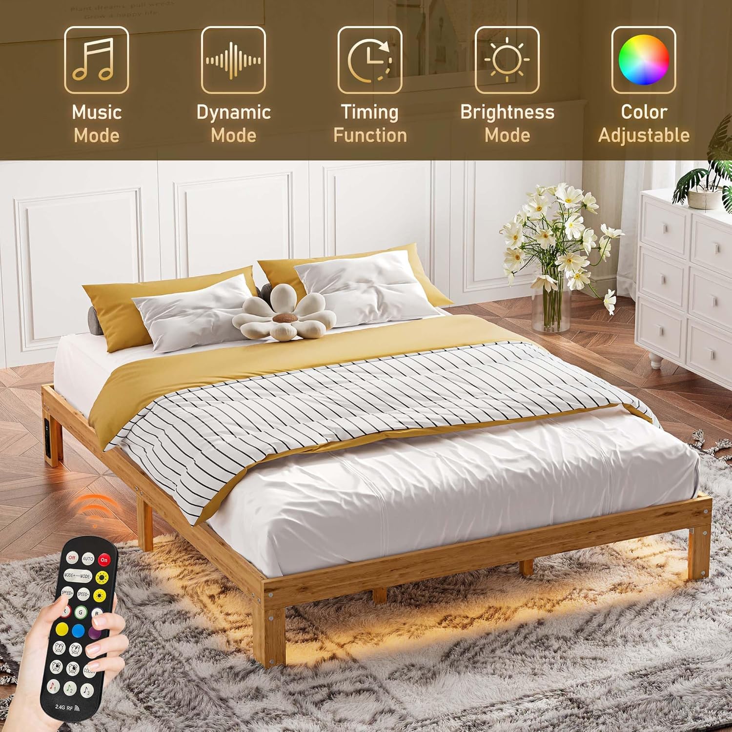 Wood Platform Bed Frame Queen Size, 12 Inch Bed Frame with Led Lights Mattress Foundation with Charging Station, Heavy Duty Wooden Slat Support, No Headboard, No Box Spring Needed