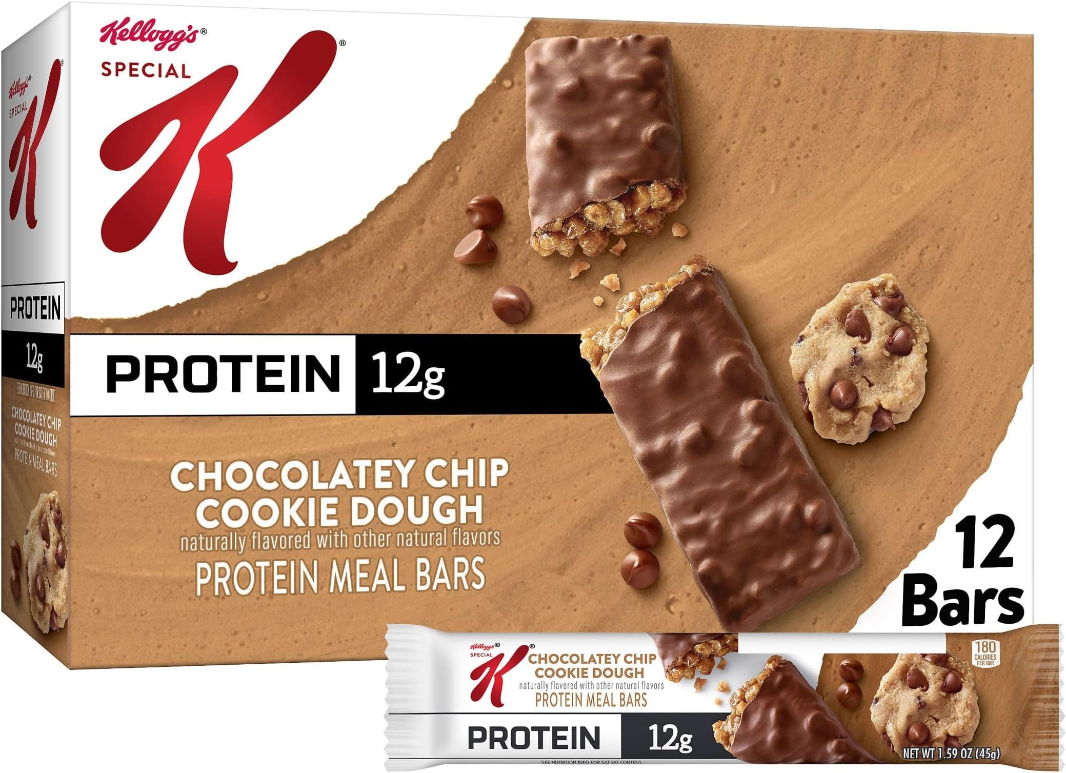Bar Protein Meal Bars, 12g Protein Snacks, Meal Replacement, Chocolatey Chip Cookie Dough, 19oz Box (12 Count)