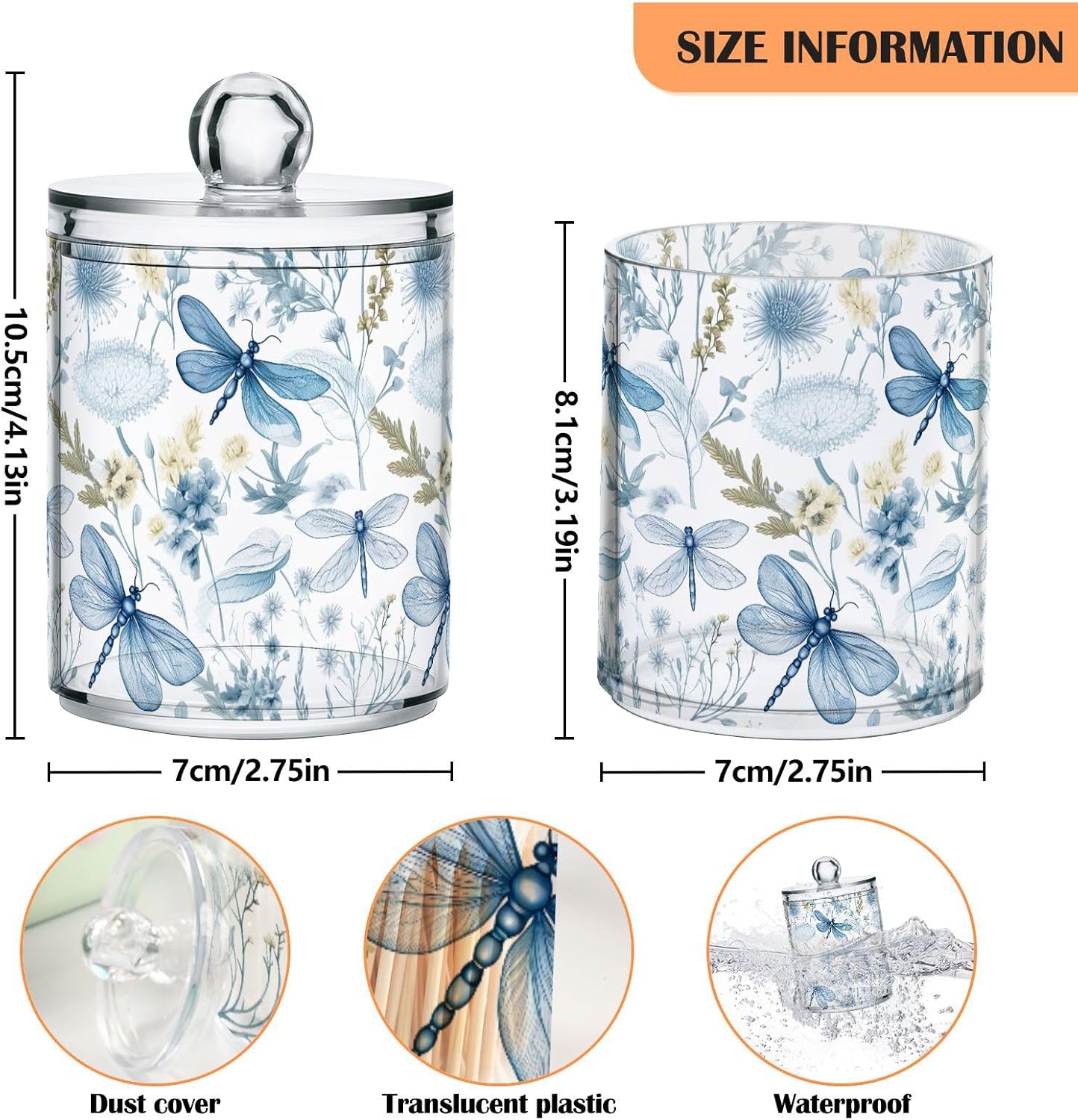 2-Pack Qtip Holder Dispenser with Lids, Blue Floral Dragonflies Plastic Storage Containers - Bathroom Canisters Organizer for Cotton Swab, Floss 21215128 2 Pack Blue Floral Dragonflies 21215128