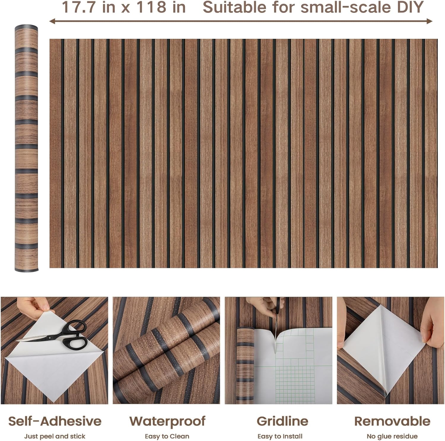 Abyssaly Wood Slat Peel and Stick Wallpaper, Brown Striped Wood Panel Grain Contact Paper, Removable Self Adhesive Faux Wooden Panel Wall Covering for Bedroom 17.7 in X 118 in