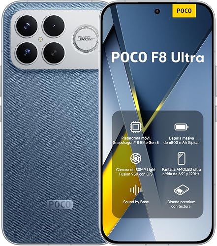 XIAOMI POCO F8 Ultra, Smartphone 16+512 GB, 6.9" 120Hz AMOLED Display, 50MP Light Fusion 950 with OIS, Sound by Bose, 6500mAh (typ) Battery, Denim Blue, Charger Not Included - 1