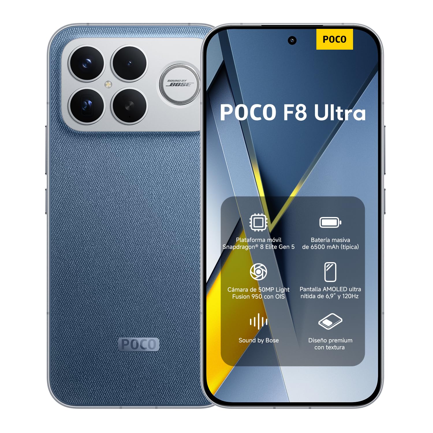 XIAOMI POCO F8 Ultra - Smartphone de 16+512GB, Pantalla AMOLED de 6,85” 120Hz, Snapdragon 8 Elite Gen 5, Carga Hypercharge 100W e inalámbrica 50W, Cargador no Incluido, Azul Denim (Versión ES)