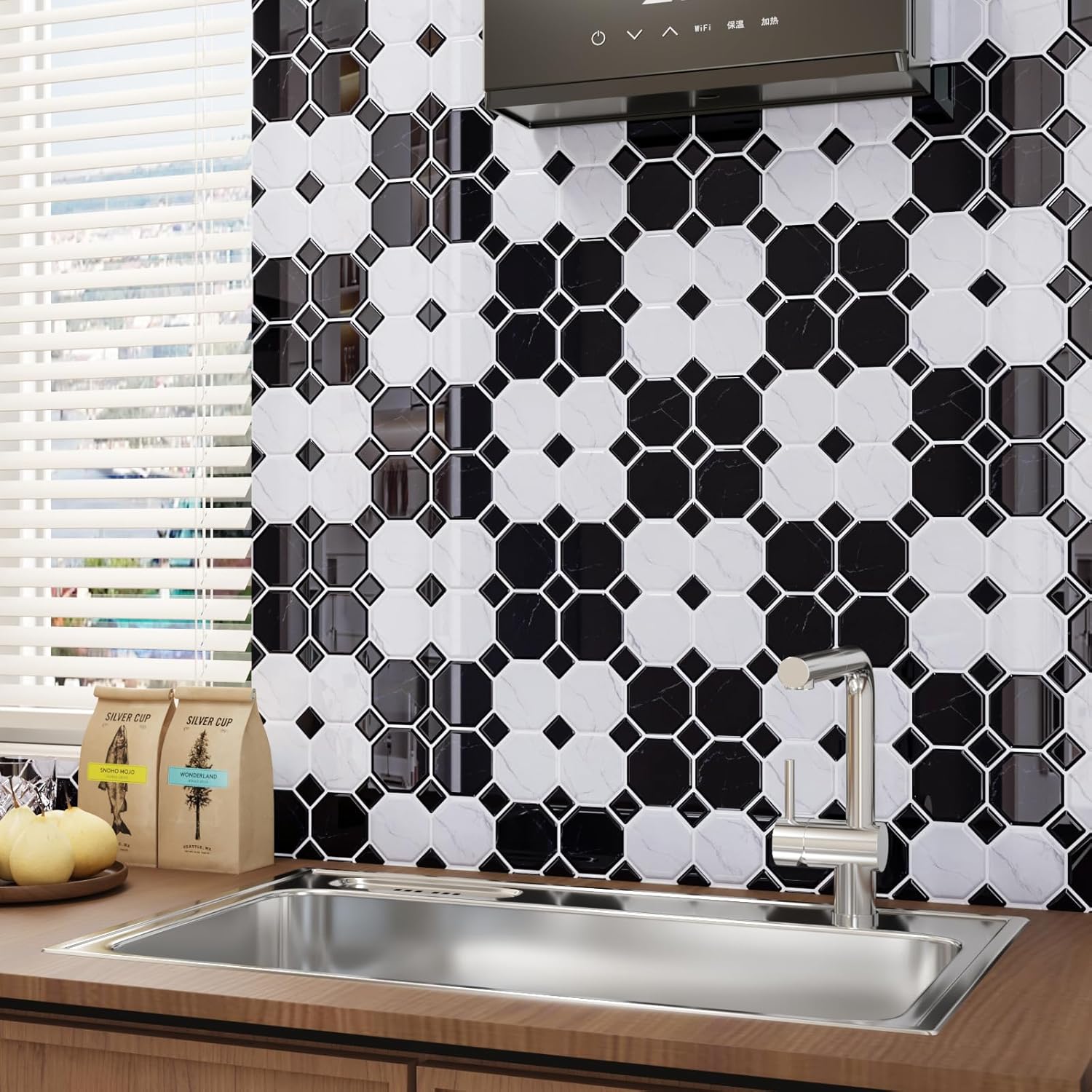 CRE8TIVE 4 Sheets Peel and Stick Backsplash for Kitchen and Bathroom Waterproof Black White Peel and Stick Tile Back Splash Stick on Tile 3D Octagon Square Mosaic Tile Stickers for Living Room 12"x12"