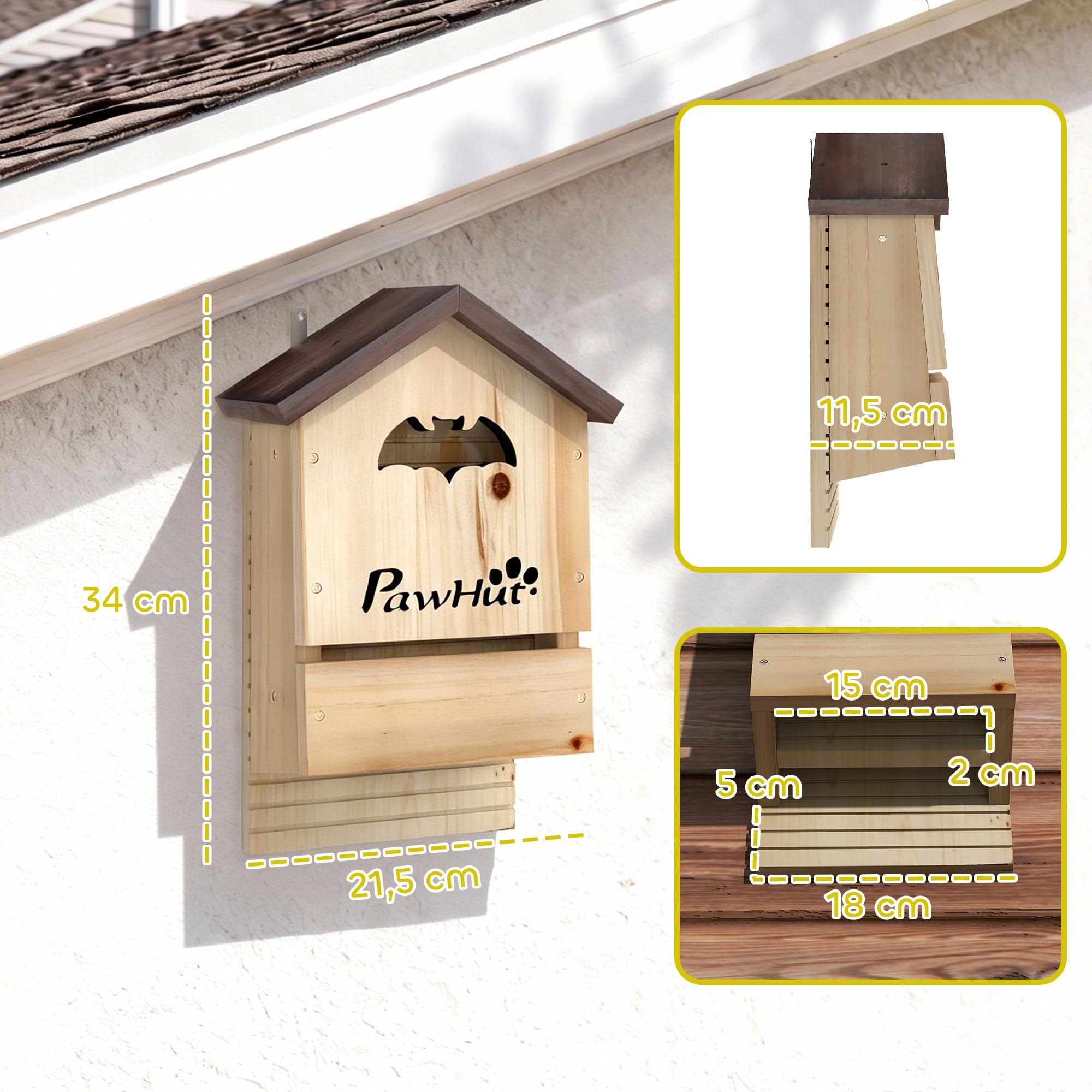 PawHut Fledermauskasten 3er Set aus Tannenholz Fledermaushaus Nistkasten für Fledermäuse zum Aufhängen für Gärten, Obstplantagen, Bauernhöfe 21,5 x 11,5 x 34 cm